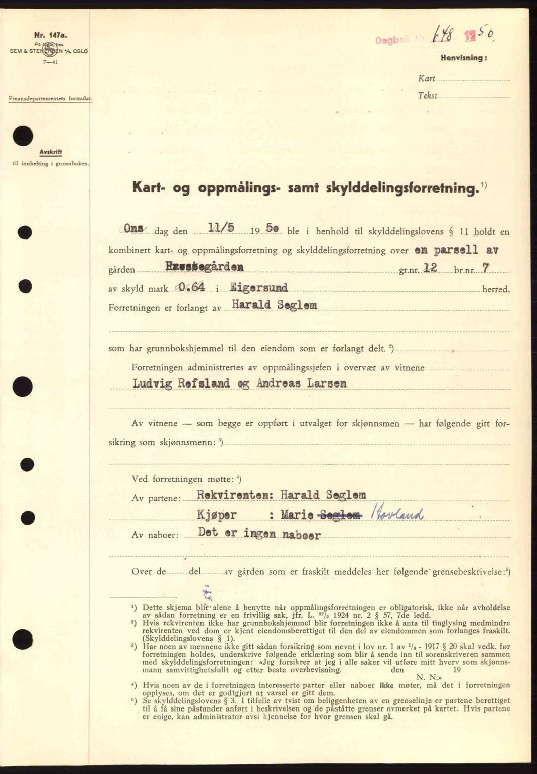 Dalane sorenskriveri, SAST/A-100309/02/G/Gb/L0055: Pantebok nr. A15, 1950-1950, Dagboknr: 648/1950