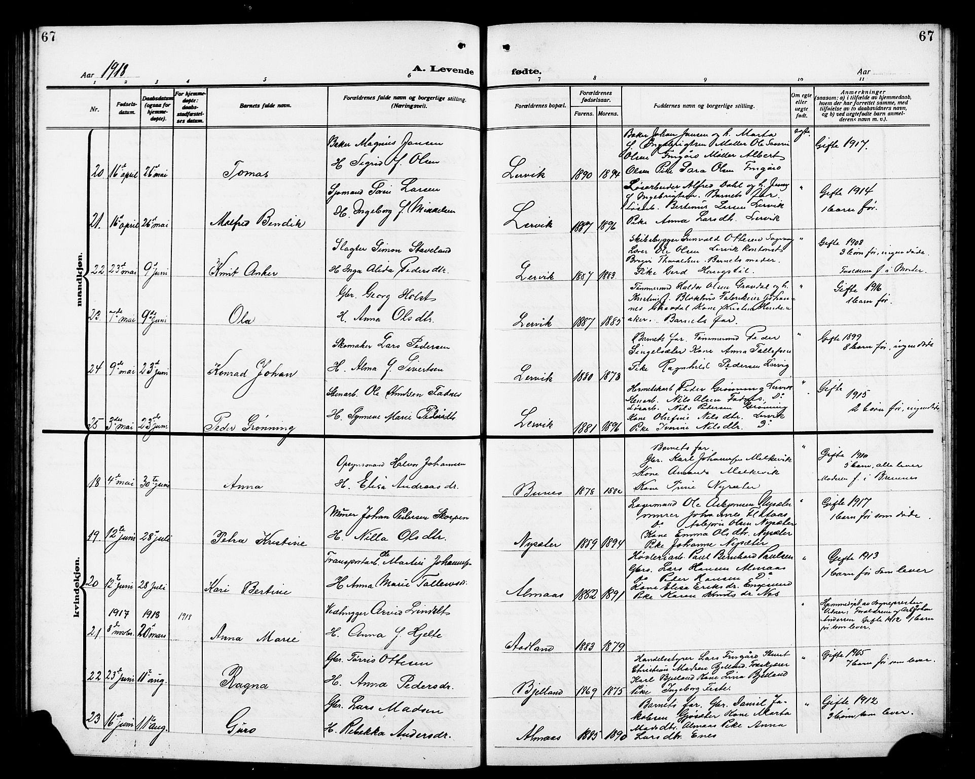 Stord sokneprestembete, AV/SAB-A-78201/H/Hab: Klokkerbok nr. A 3, 1910-1919, s. 67
