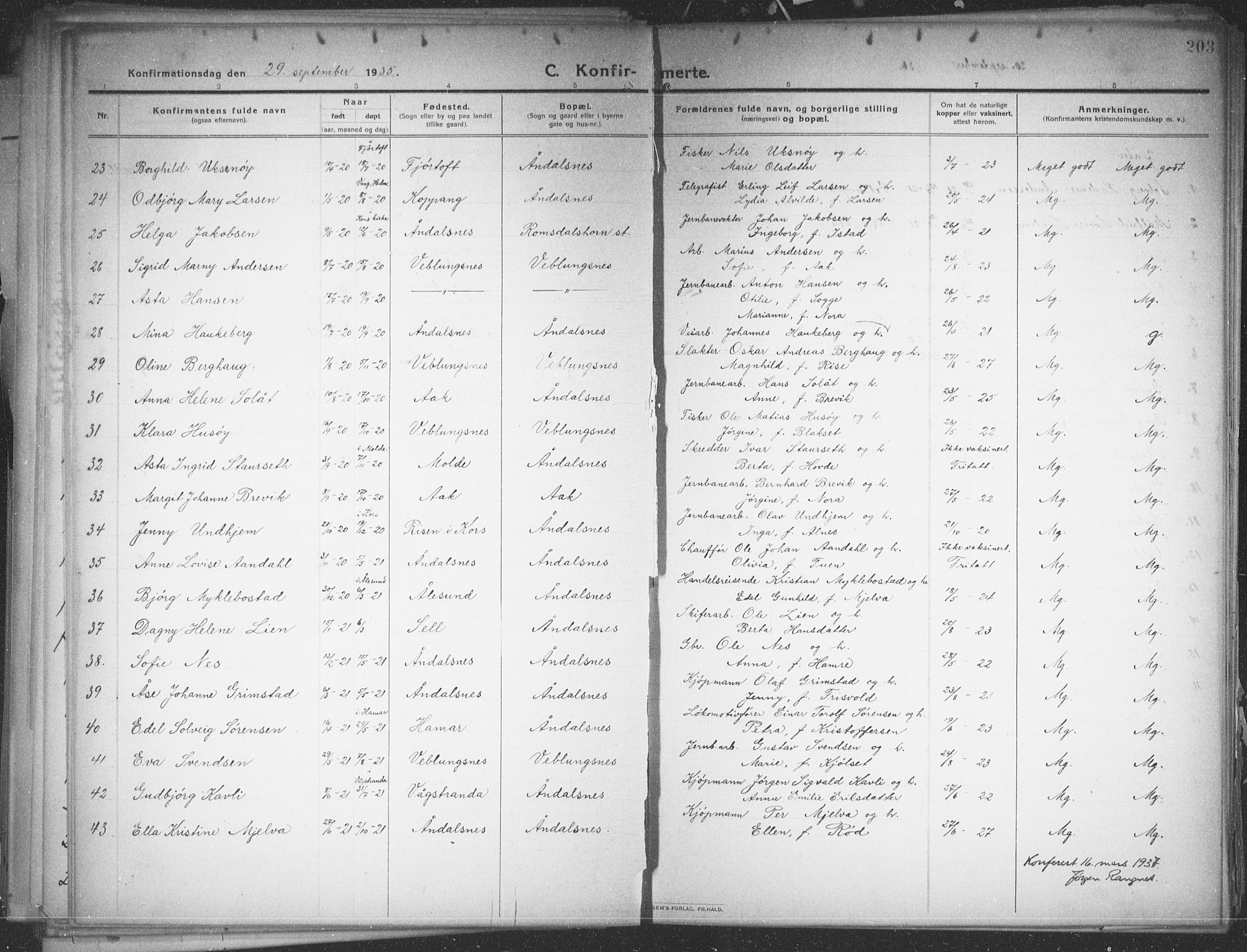 Ministerialprotokoller, klokkerbøker og fødselsregistre - Møre og Romsdal, SAT/A-1454/544/L0581: Klokkerbok nr. 544C03, 1910-1937, s. 203