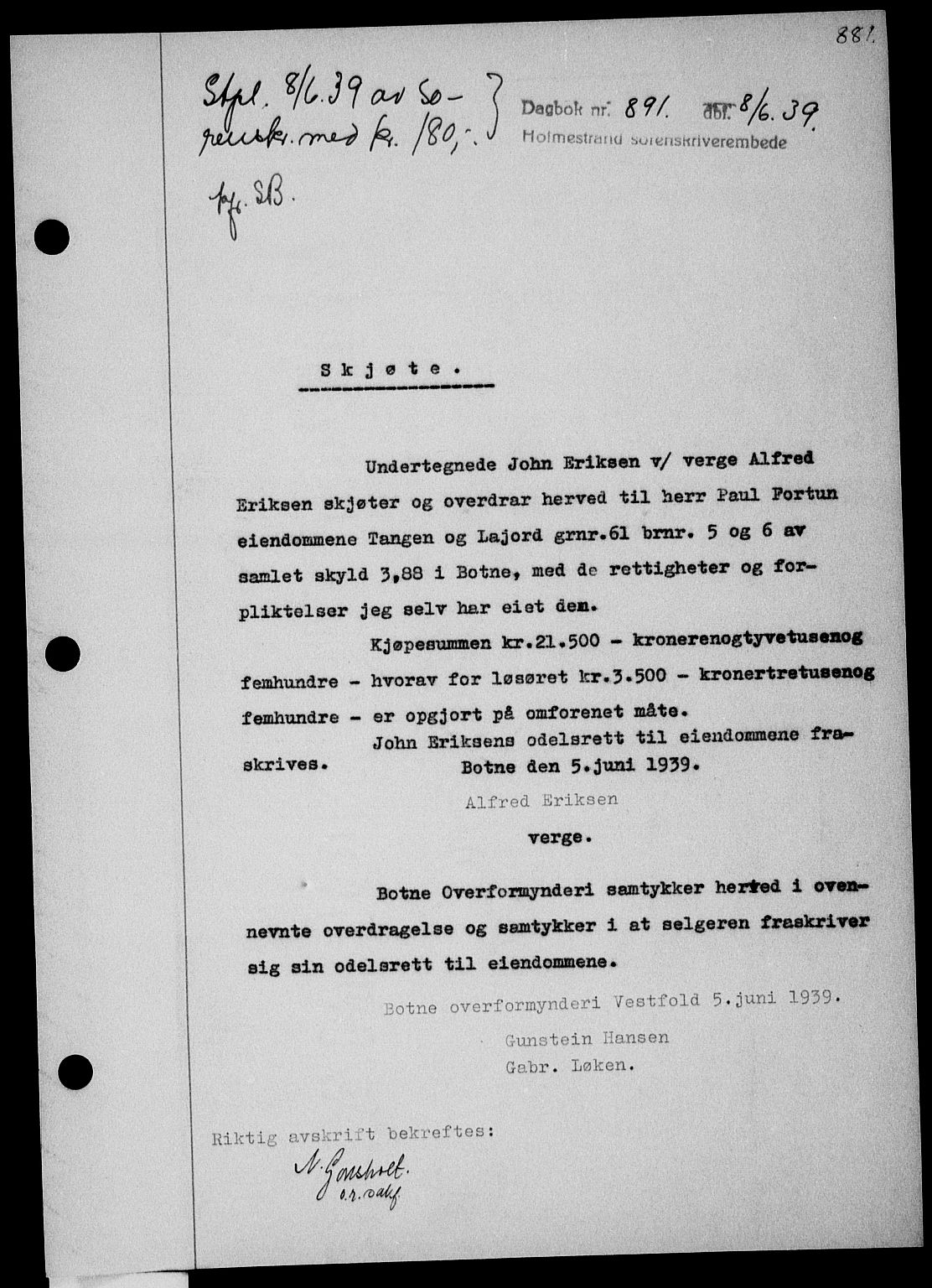 Holmestrand sorenskriveri, SAKO/A-67/G/Ga/Gaa/L0050: Pantebok nr. A-50, 1938-1939, Dagboknr: 891/1939