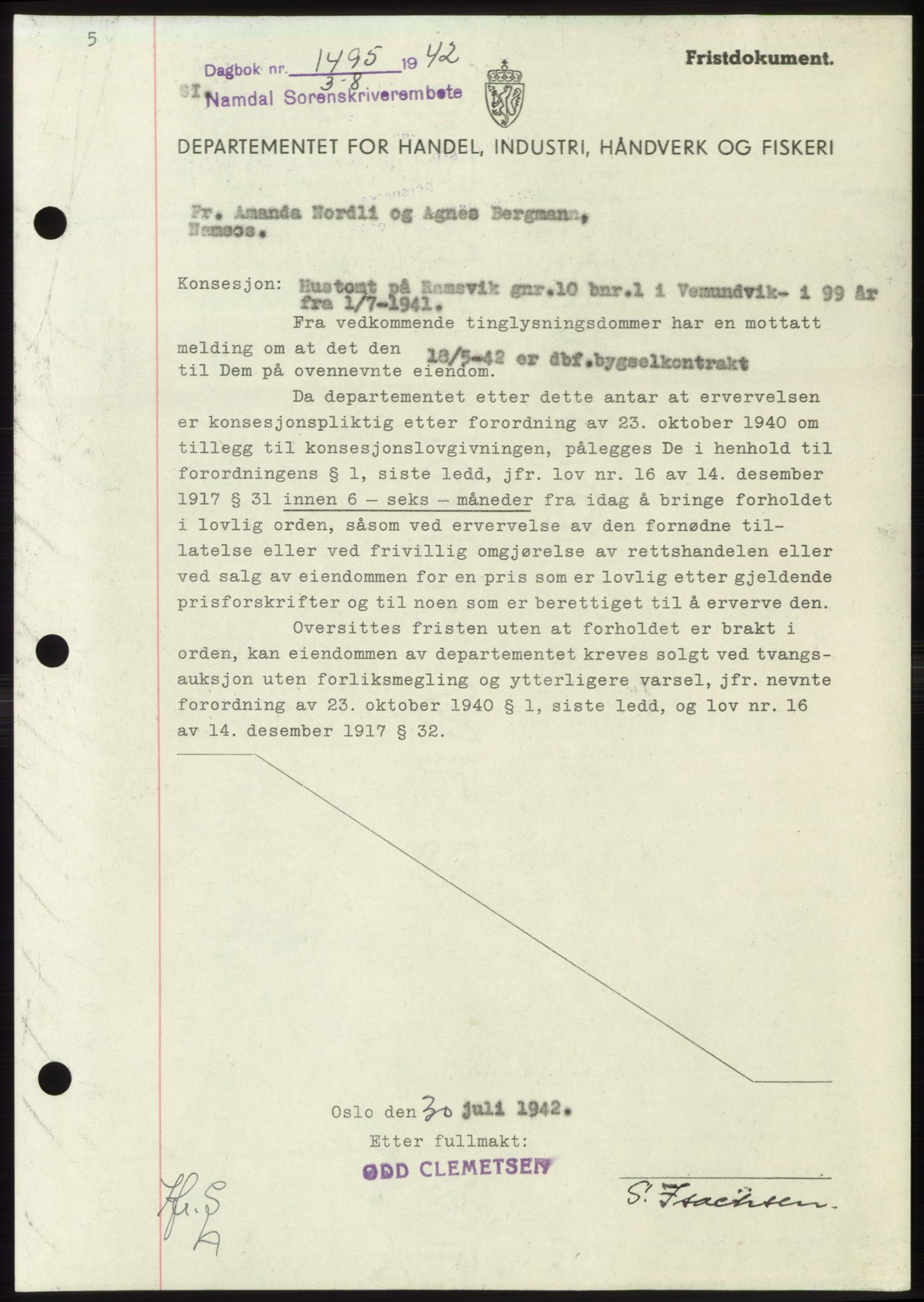 Namdal sorenskriveri, SAT/A-4133/1/2/2C: Pantebok nr. -, 1942-1943, Dagboknr: 1495/1942