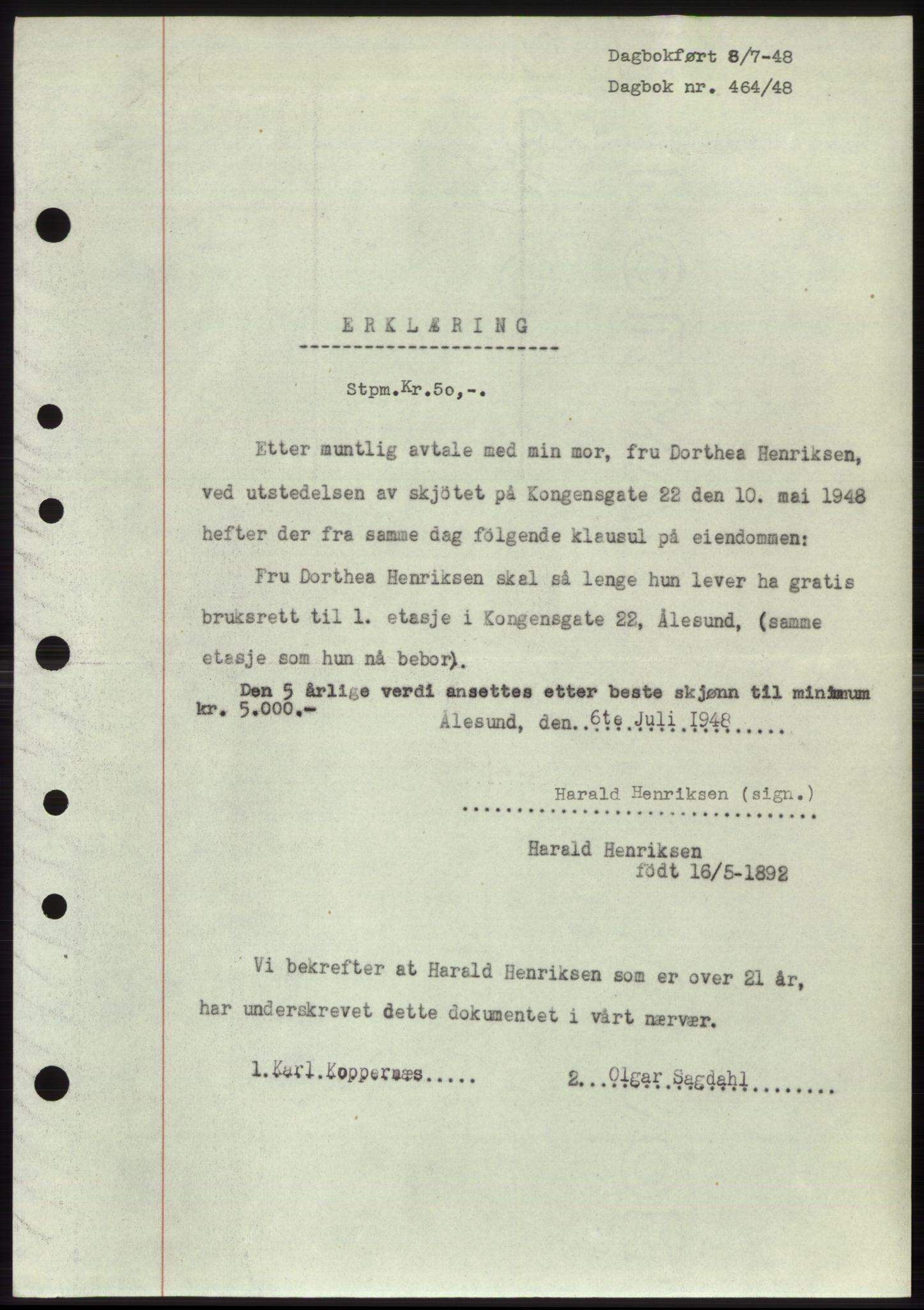 Ålesund byfogd, SAT/A-4384: Pantebok nr. B36-38, 1948-1950, Dagboknr: 464/1948