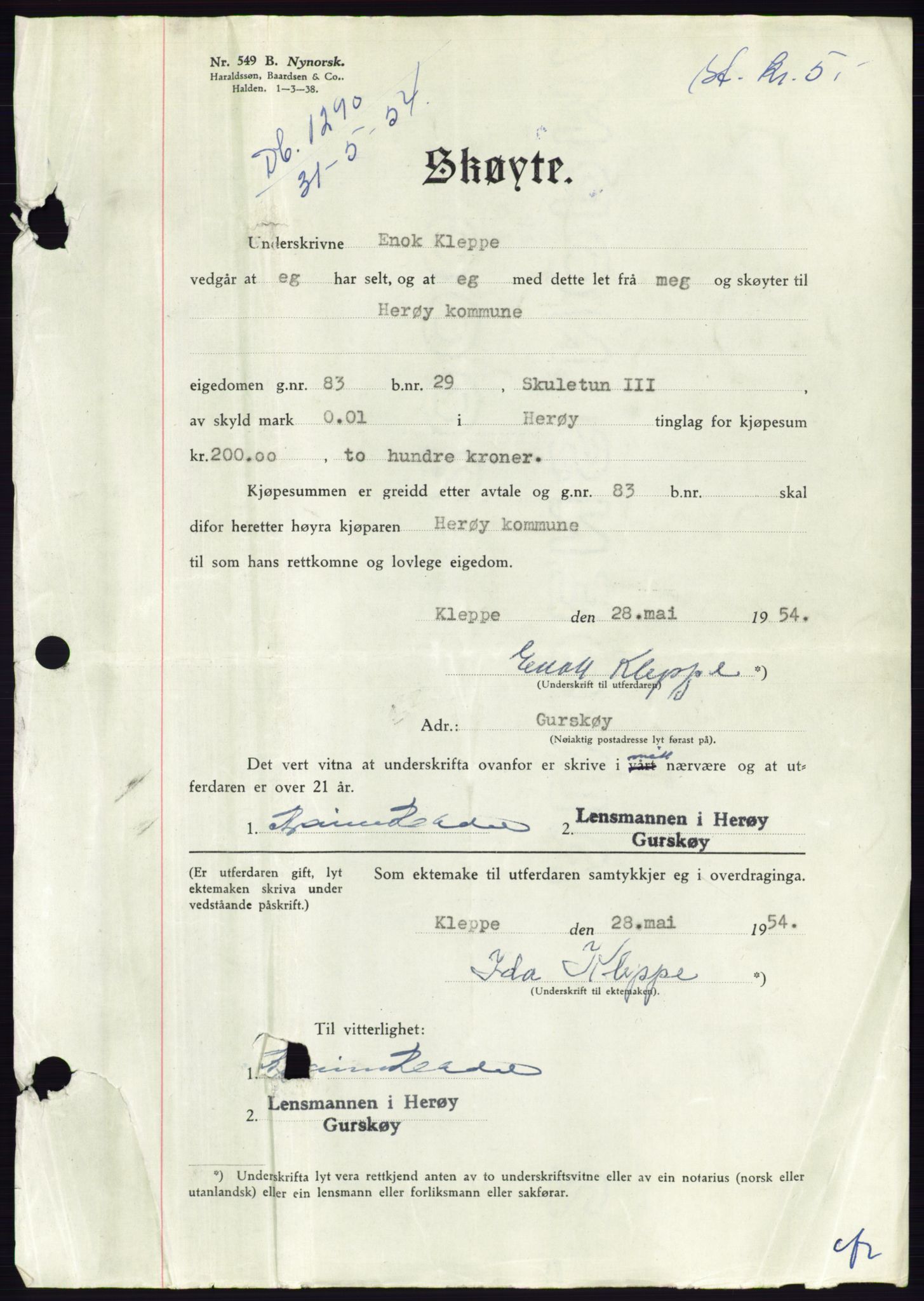 Søre Sunnmøre sorenskriveri, AV/SAT-A-4122/1/2/2C/L0098: Pantebok nr. 24A, 1954-1954, Dagboknr: 1290/1954