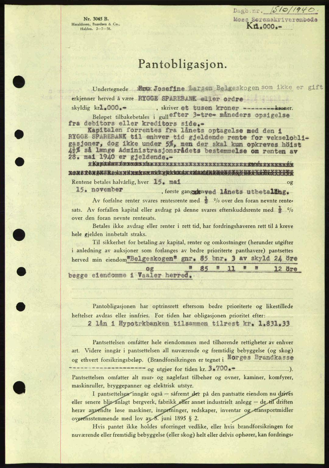 Moss sorenskriveri, SAO/A-10168: Pantebok nr. B10, 1940-1941, Dagboknr: 1510/1940