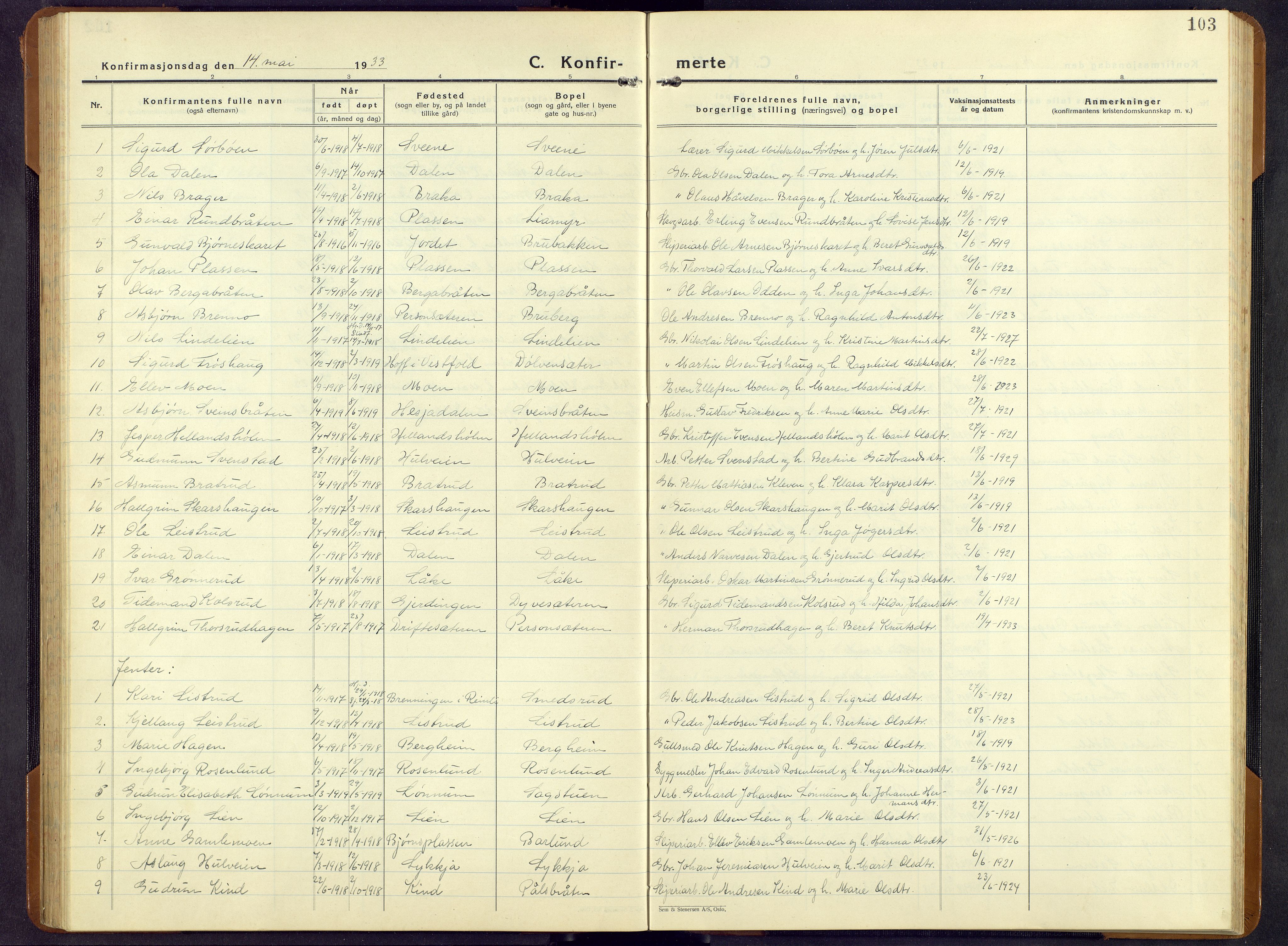 Sør-Aurdal prestekontor, AV/SAH-PREST-128/H/Ha/Hab/L0011: Klokkerbok nr. 11, 1922-1950, s. 103