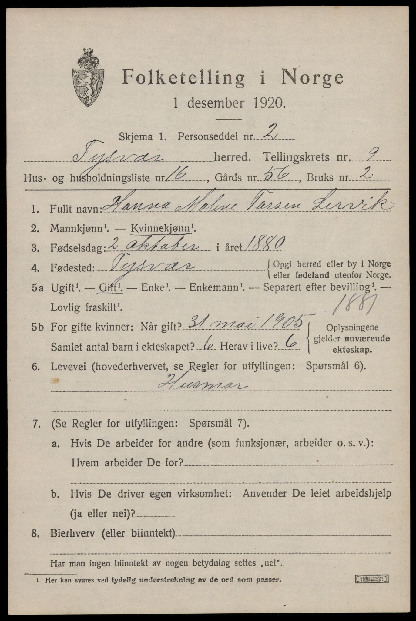 SAST, Folketelling 1920 for 1146 Tysvær herred, 1920, s. 3790