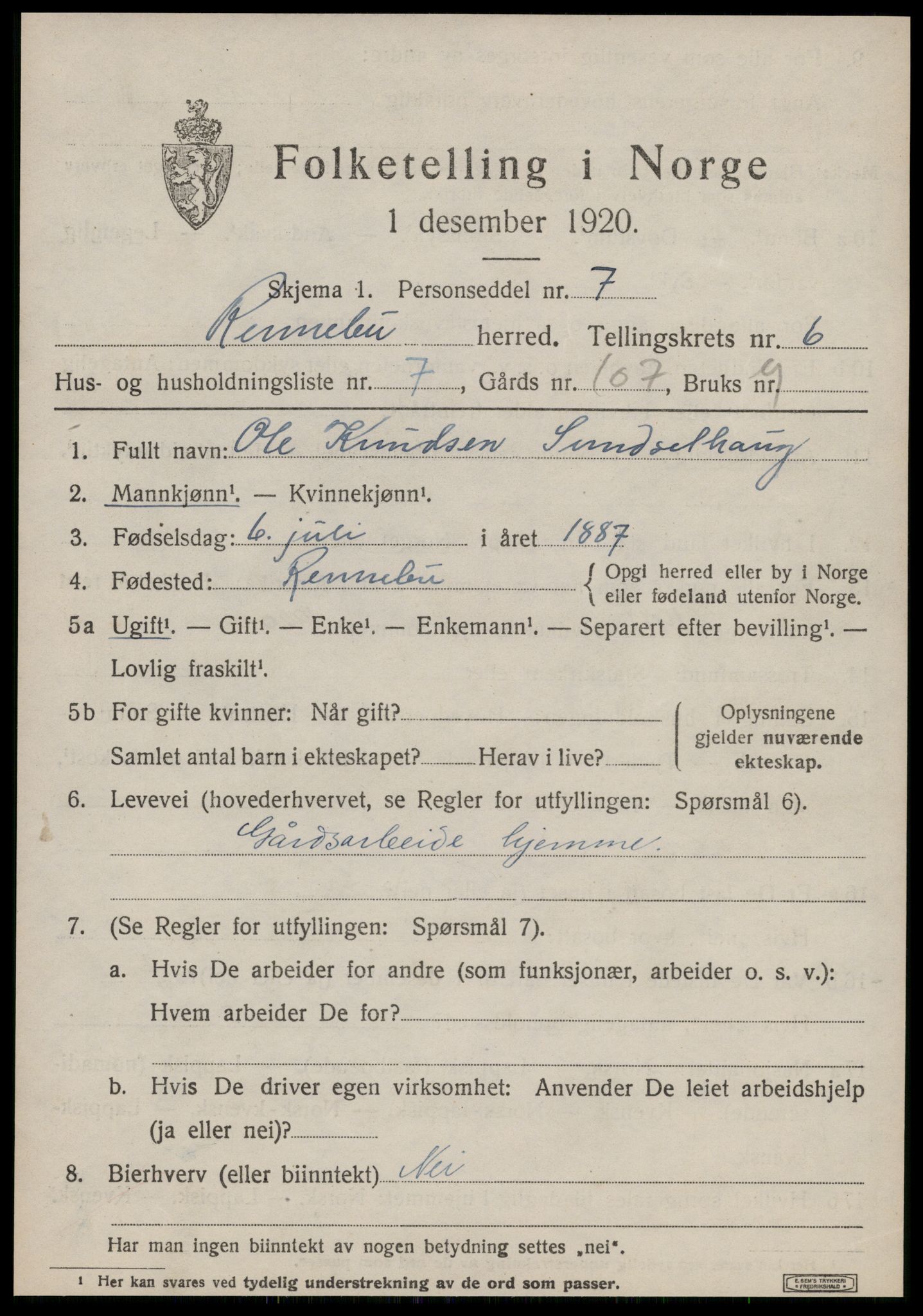 SAT, Folketelling 1920 for 1635 Rennebu herred, 1920, s. 4482