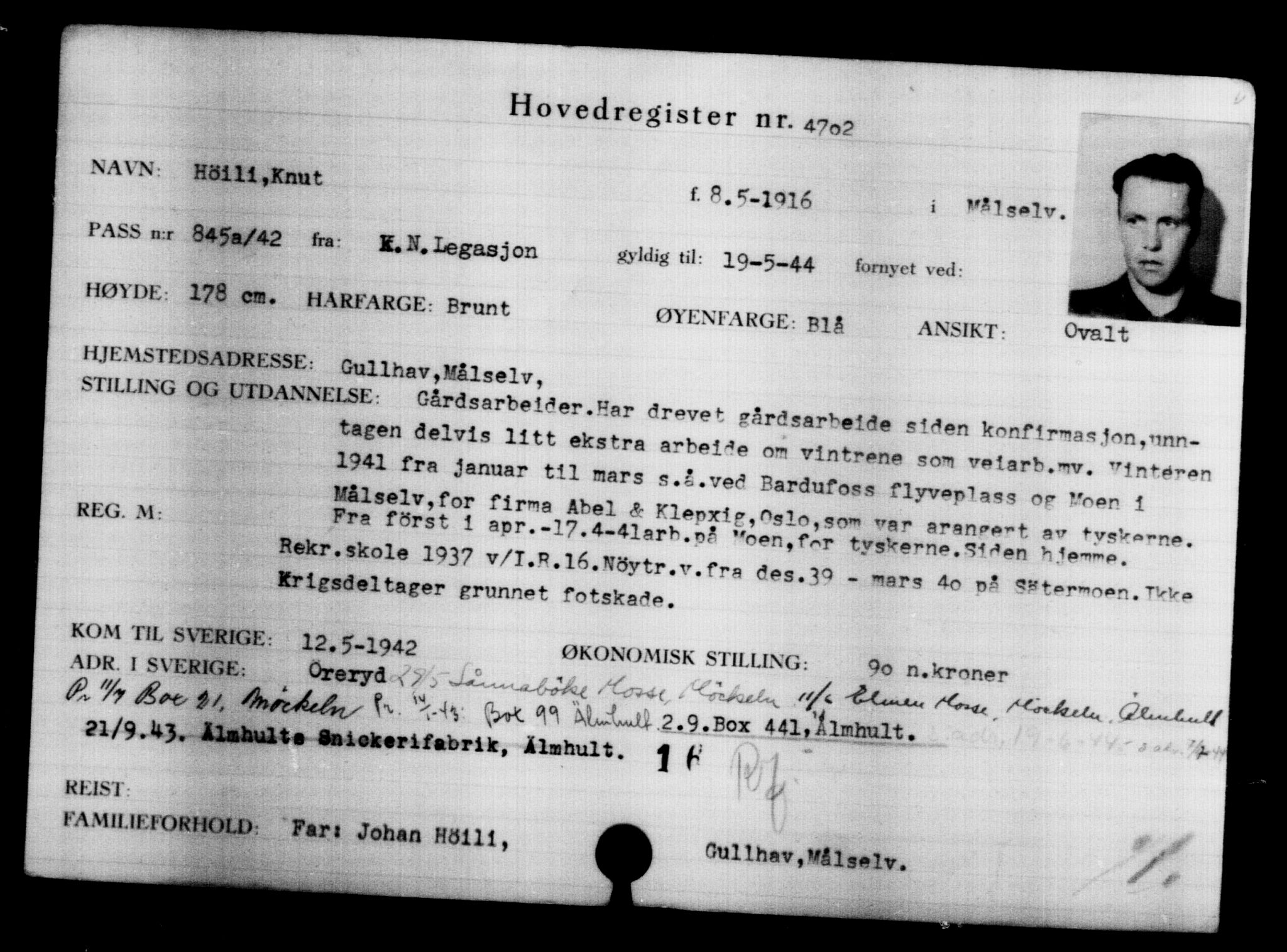 Utenriksstasjonene, Legasjonen i Stockholm, Flyktningkontoret, AV/RA-S-6753/V/Va/L0004: Kjesäterkartoteket, flyktninger med registreringsnr. 3496-6610, 1940-1945, s. 1424