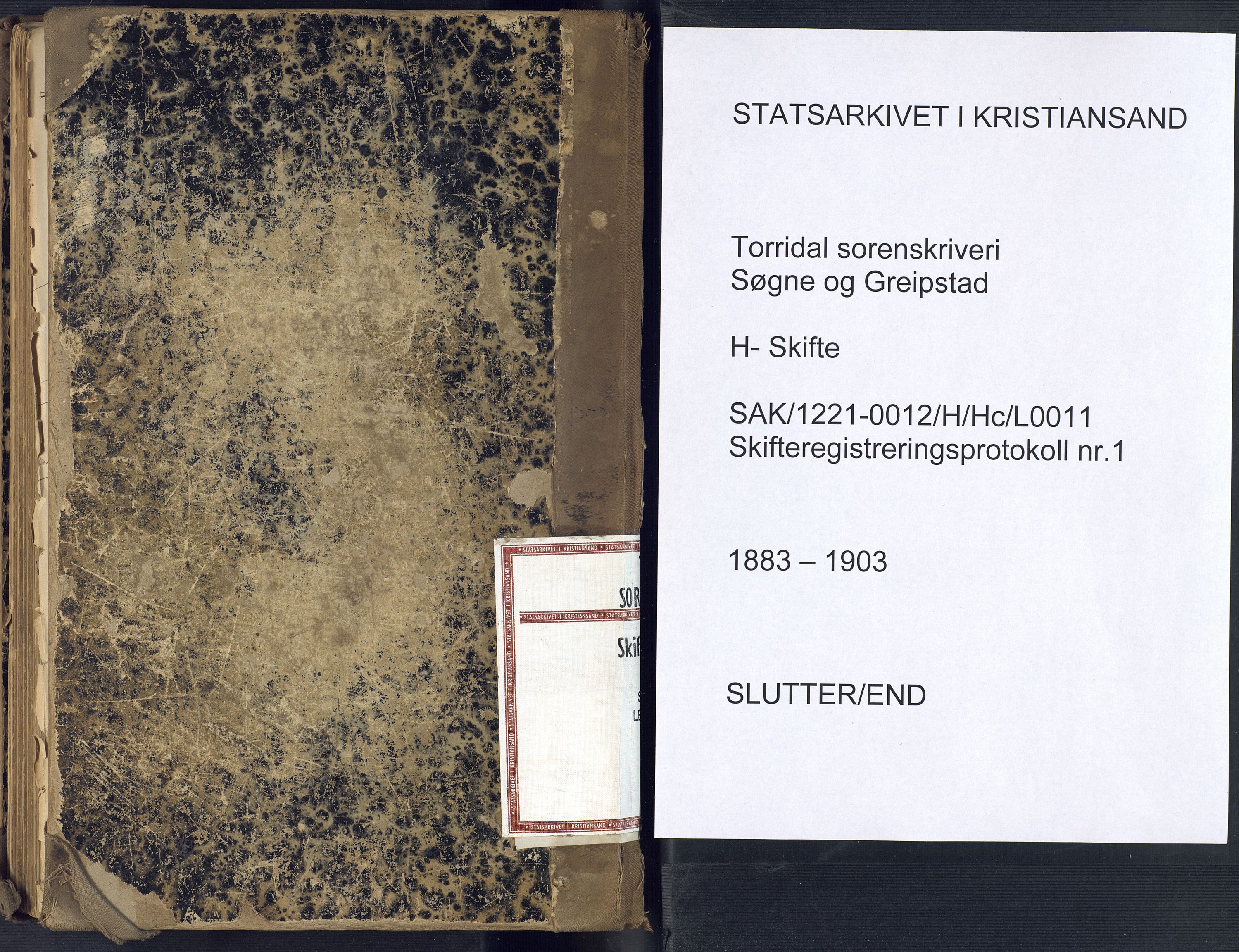 Torridal sorenskriveri, SAK/1221-0012/H/Hc/L0011: Skifteregistreringsprotokoll Søgne og Greipstad lensmannsdistrikt nr. 1, 1883-1903