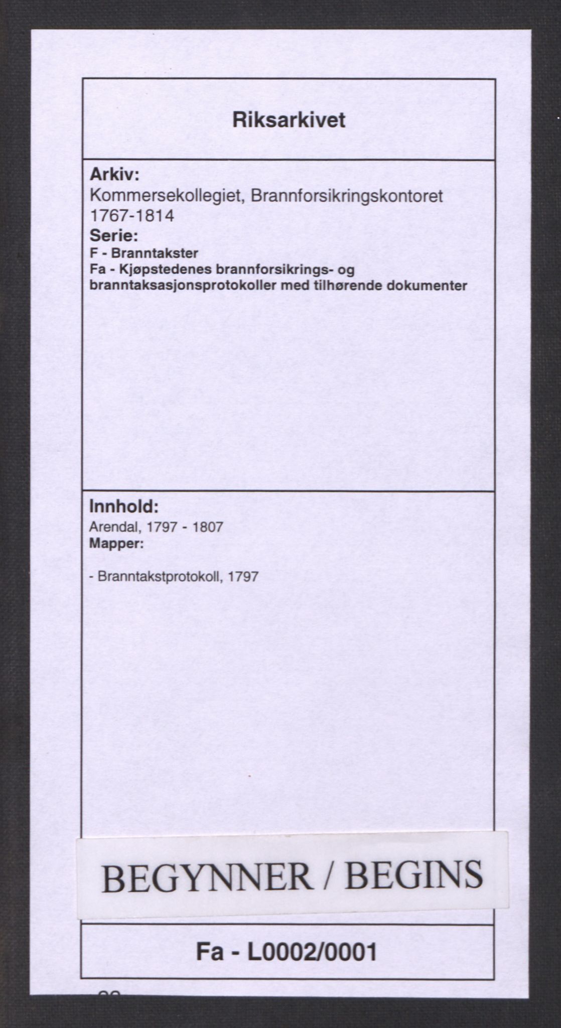 Kommersekollegiet, Brannforsikringskontoret 1767-1814, AV/RA-EA-5458/F/Fa/L0002/0001: Arendal / Branntakstprotokoll, 1797