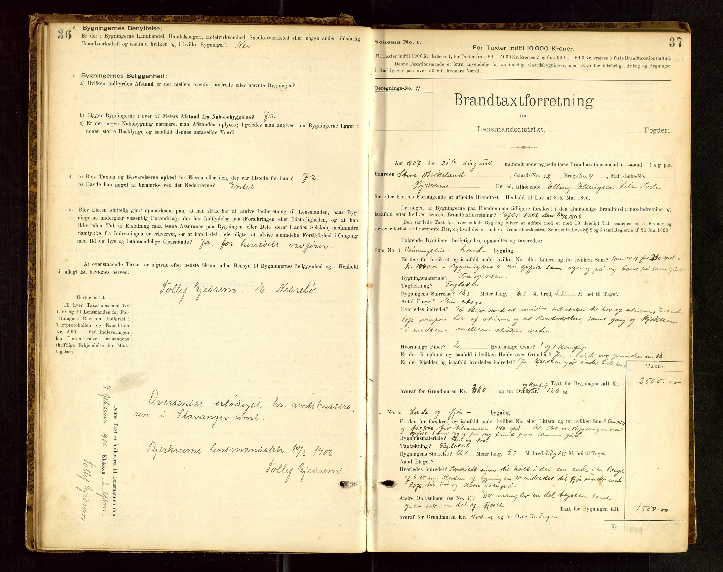 Bjerkreim lensmannskontor, SAST/A-100090/Gob/L0001: "Brandtaxationsprotokol", 1895-1950, s. 36-37
