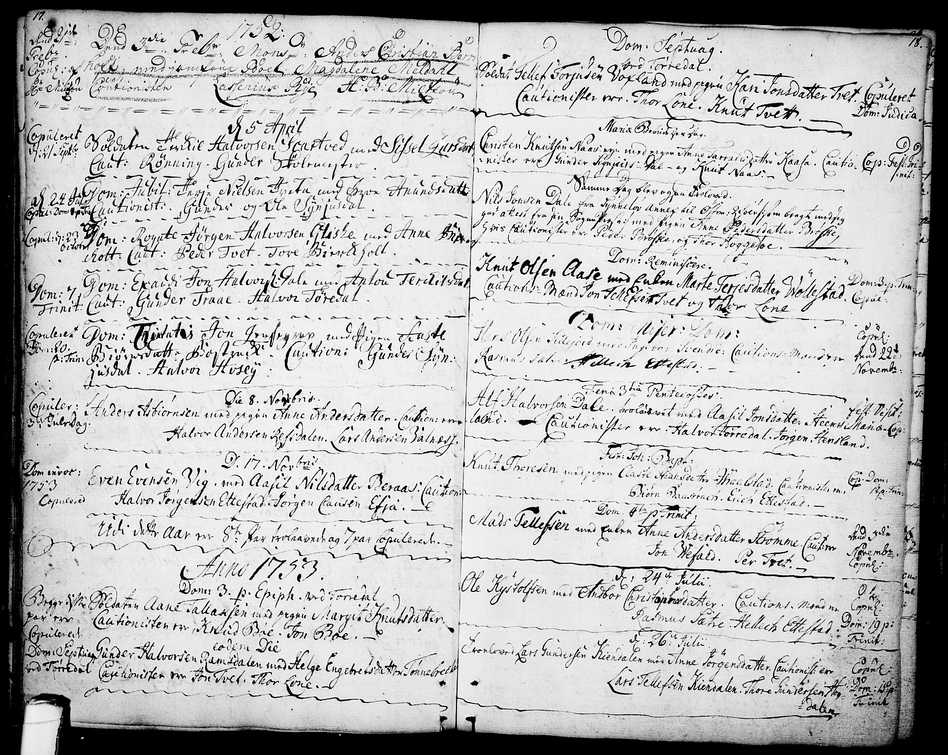 Drangedal kirkebøker, AV/SAKO-A-258/F/Fa/L0001: Ministerialbok nr. 1, 1697-1767, s. 17-18