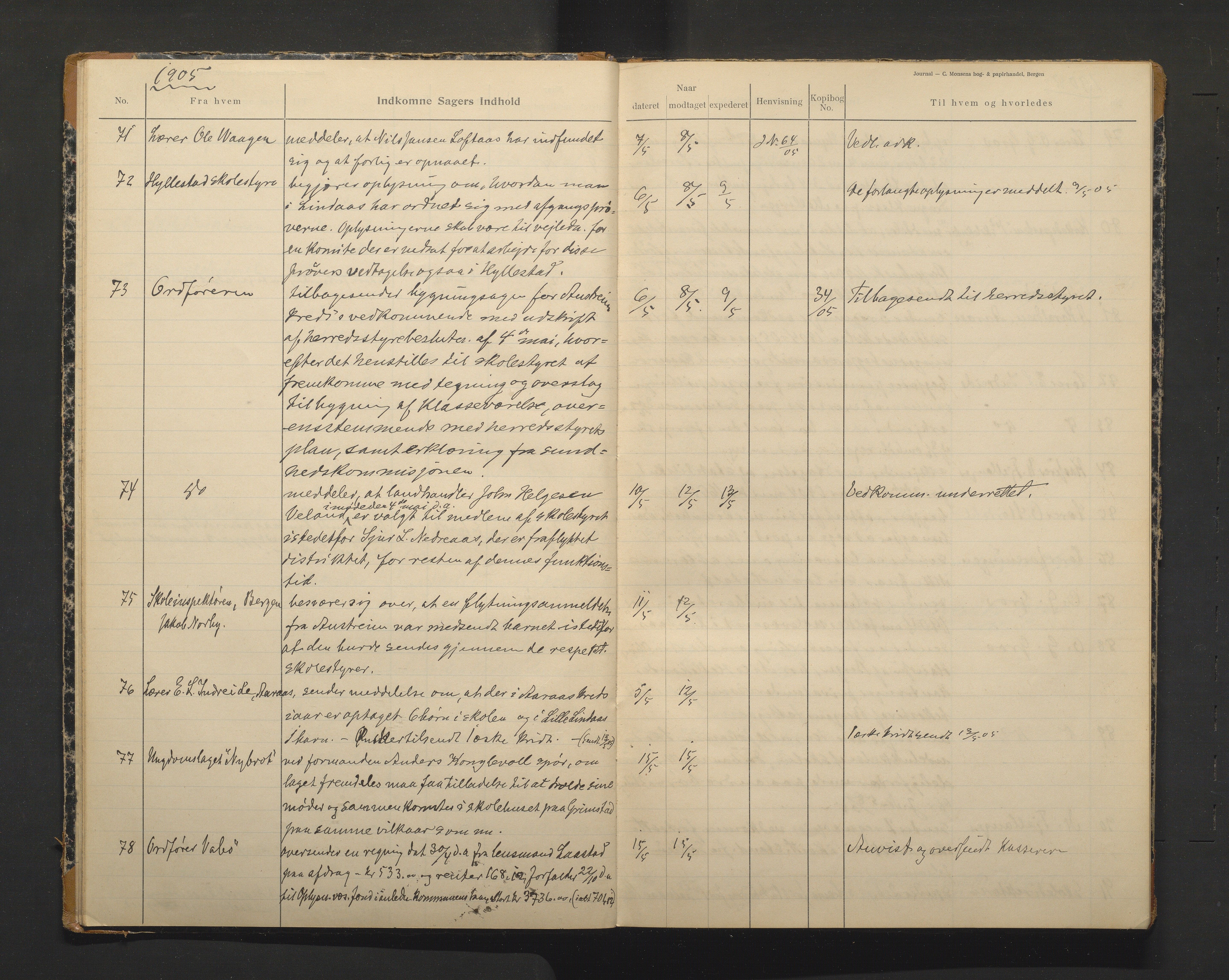 Lindås kommune. Skulestyret, IKAH/1263-211/C/Ca/L0002: Postjournal for Lindås skulestyre, 1905-1908