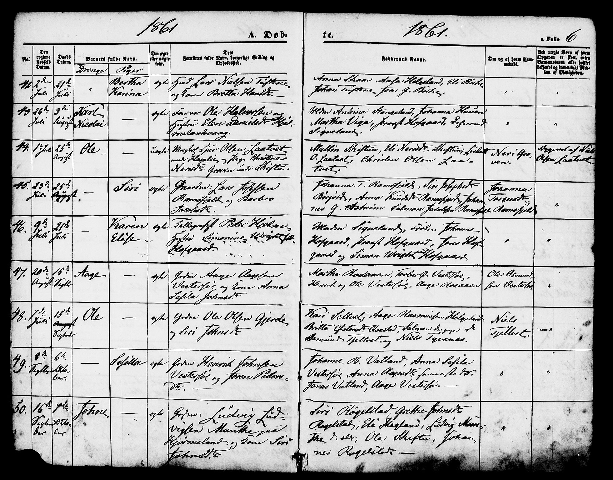 Hjelmeland sokneprestkontor, AV/SAST-A-101843/01/IV/L0011: Ministerialbok nr. A 11, 1861-1878, s. 6