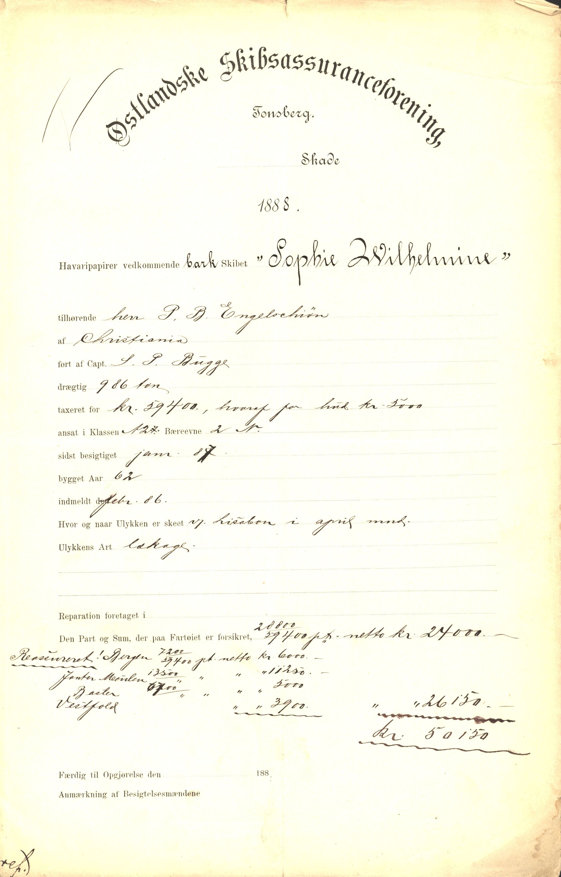 Pa 63 - Østlandske skibsassuranceforening, VEMU/A-1079/G/Ga/L0023/0002: Havaridokumenter / Flora, Frank, Freidig, Sophie, Wilhelmine, 1888, s. 68