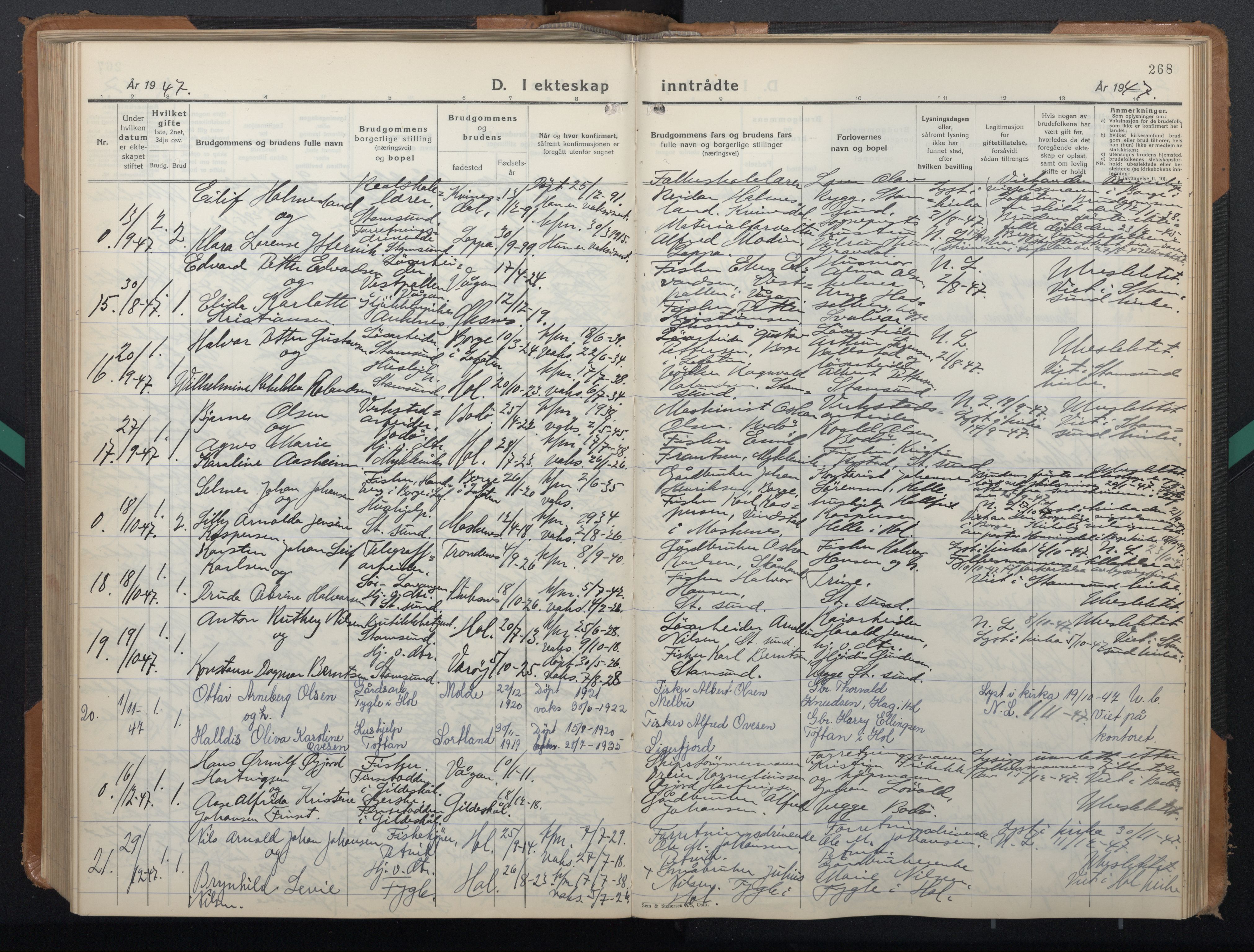 Ministerialprotokoller, klokkerbøker og fødselsregistre - Nordland, AV/SAT-A-1459/882/L1184: Klokkerbok nr. 882C02, 1932-1951, s. 268