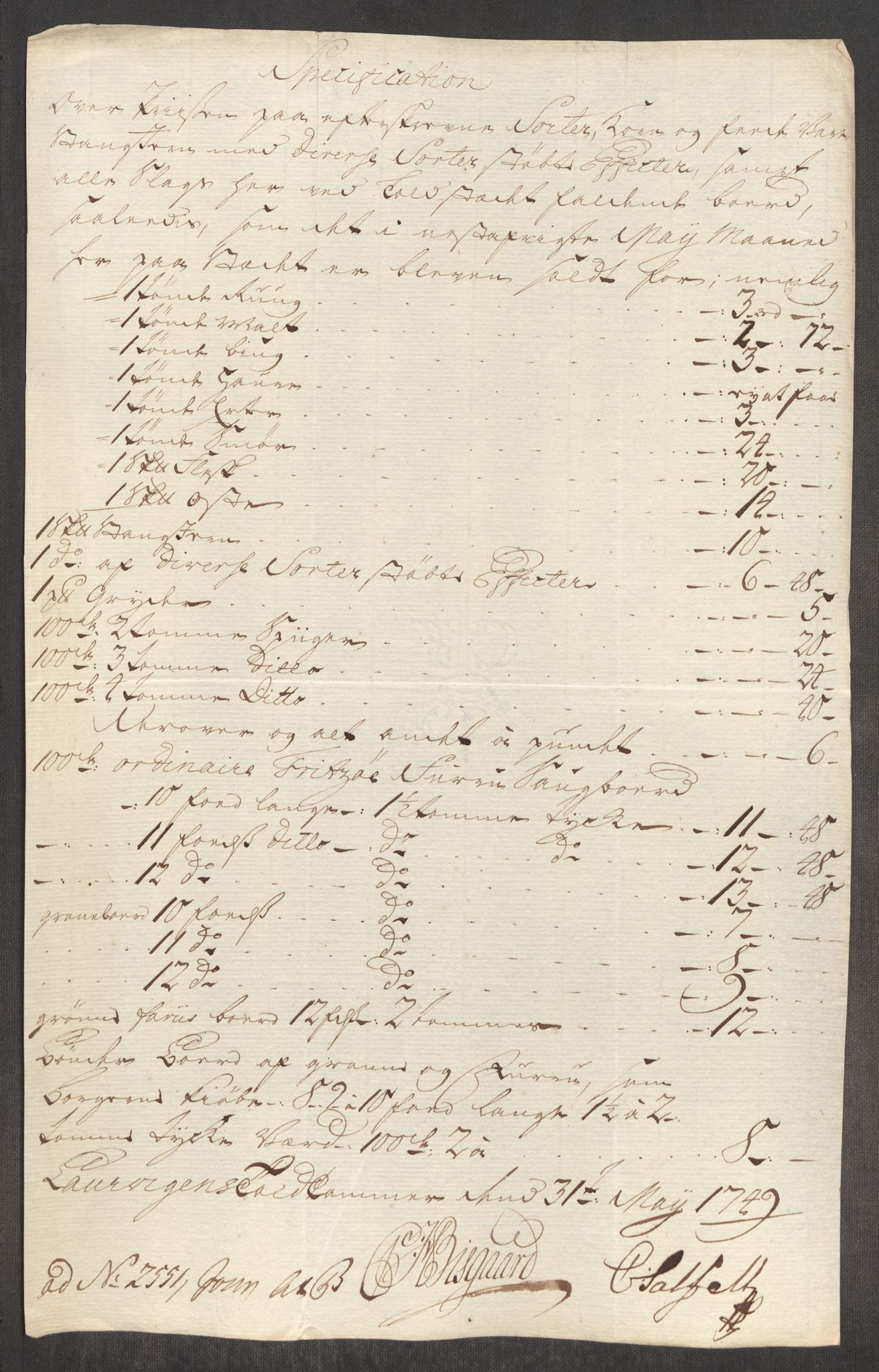 Rentekammeret inntil 1814, Realistisk ordnet avdeling, RA/EA-4070/Oe/L0004: [Ø1]: Priskuranter, 1749-1752, s. 96
