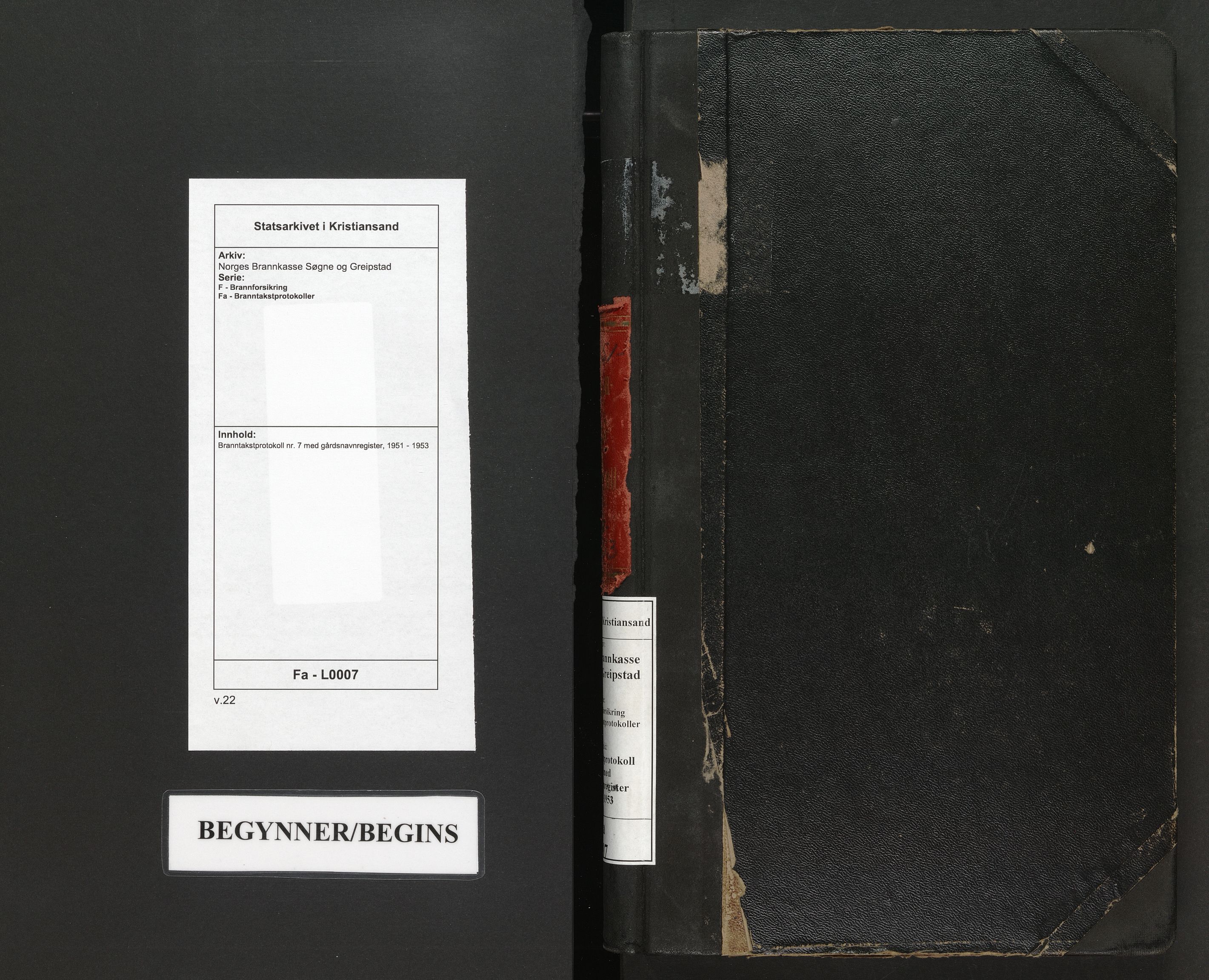 Norges Brannkasse Søgne og Greipstad, AV/SAK-2241-0046/F/Fa/L0007: Branntakstprotokoll nr. 7 med gårdsnavnregister, 1951-1953