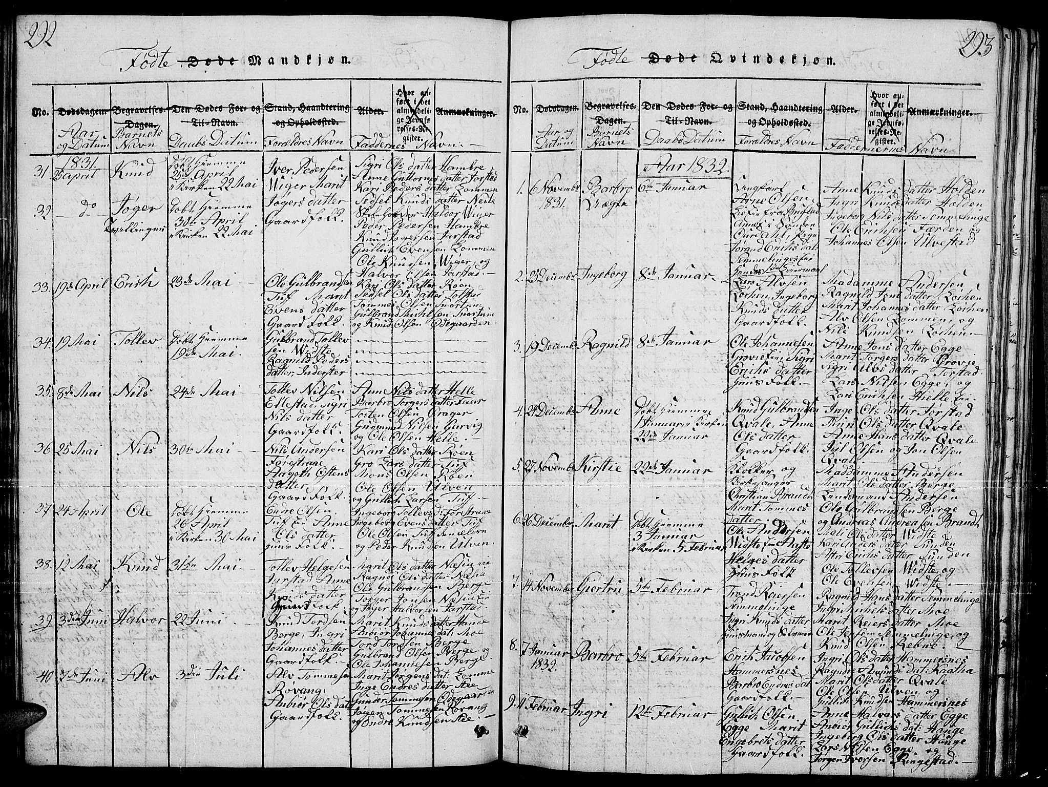 Slidre prestekontor, AV/SAH-PREST-134/H/Ha/Hab/L0001: Klokkerbok nr. 1, 1814-1838, s. 292-293