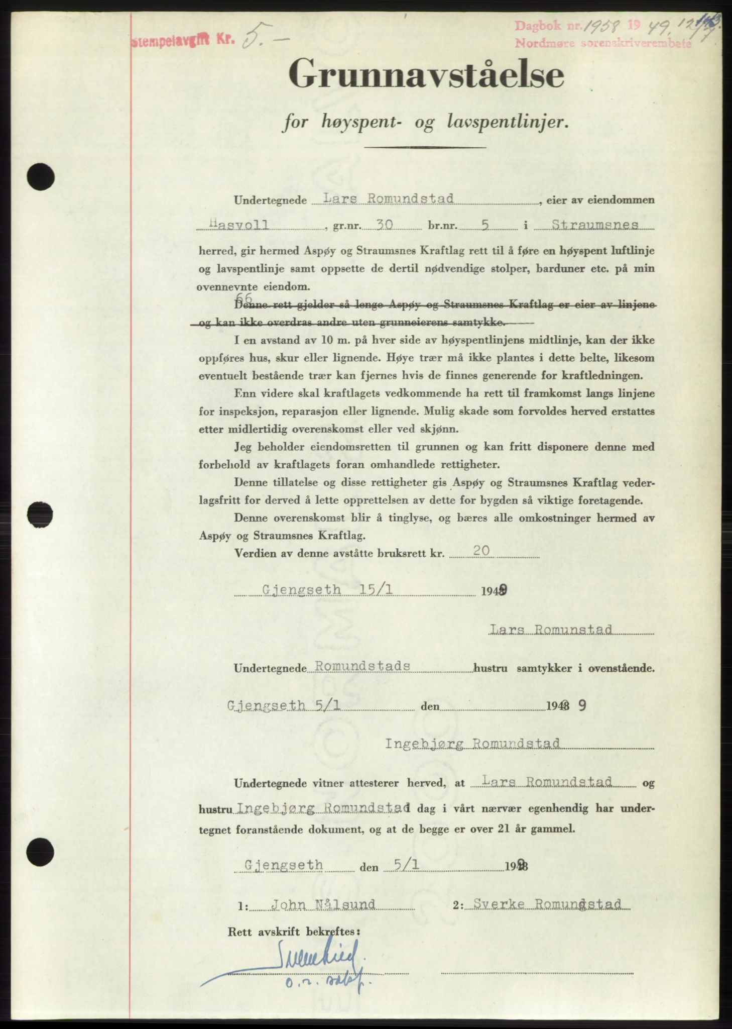 Nordmøre sorenskriveri, SAT/A-4132/1/2/2Ca: Pantebok nr. B102, 1949-1949, Dagboknr: 1958/1949
