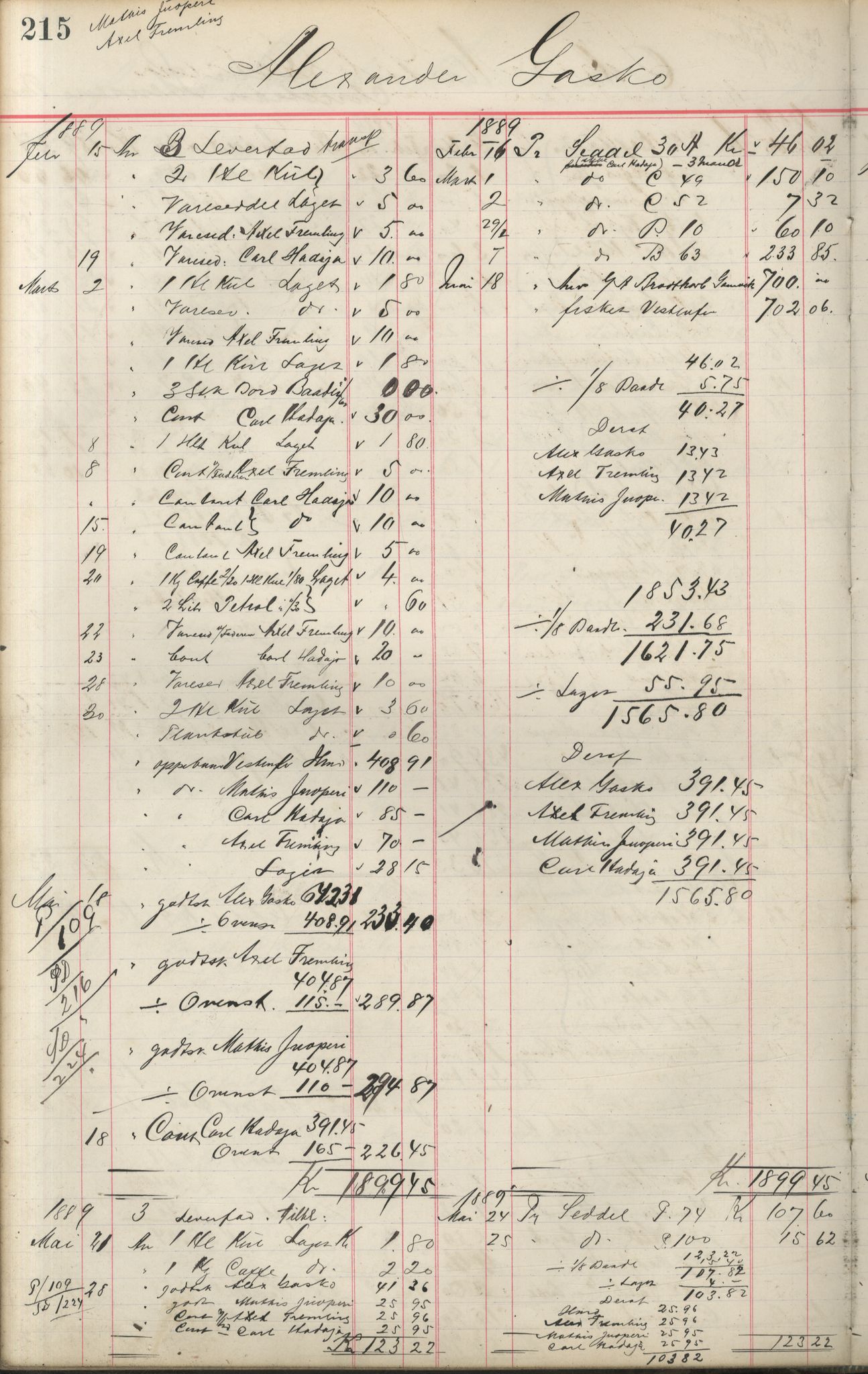 Brodtkorb handel A/S, VAMU/A-0001/F/Fa/L0001/0002: Kompanibøker. Innensogns / Compagnibog for Indensogns Fiskere No 11, 1887-1889, s. 215
