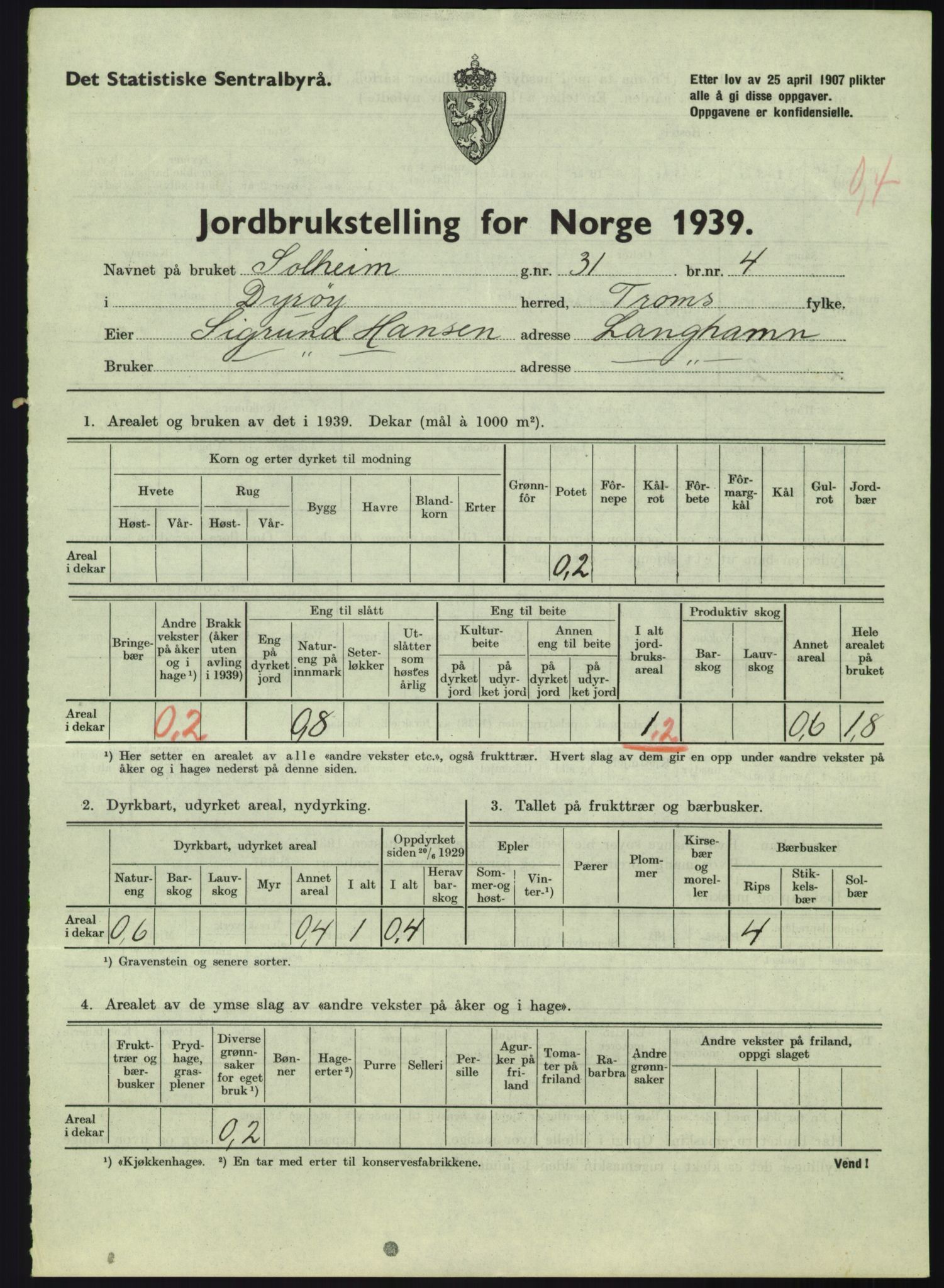 Statistisk sentralbyrå, Næringsøkonomiske emner, Jordbruk, skogbruk, jakt, fiske og fangst, AV/RA-S-2234/G/Gb/L0340: Troms: Salangen og Dyrøy, 1939, s. 844