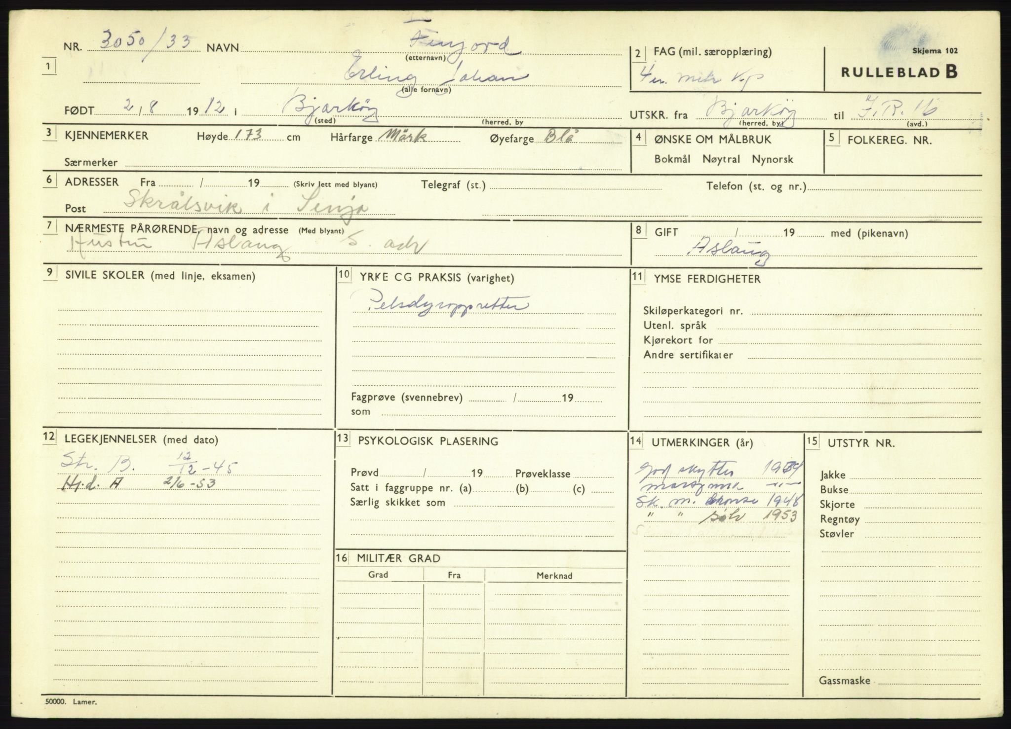 Forsvaret, Troms infanteriregiment nr. 16, AV/RA-RAFA-3146/P/Pa/L0017: Rulleblad for regimentets menige mannskaper, årsklasse 1933, 1933, s. 293