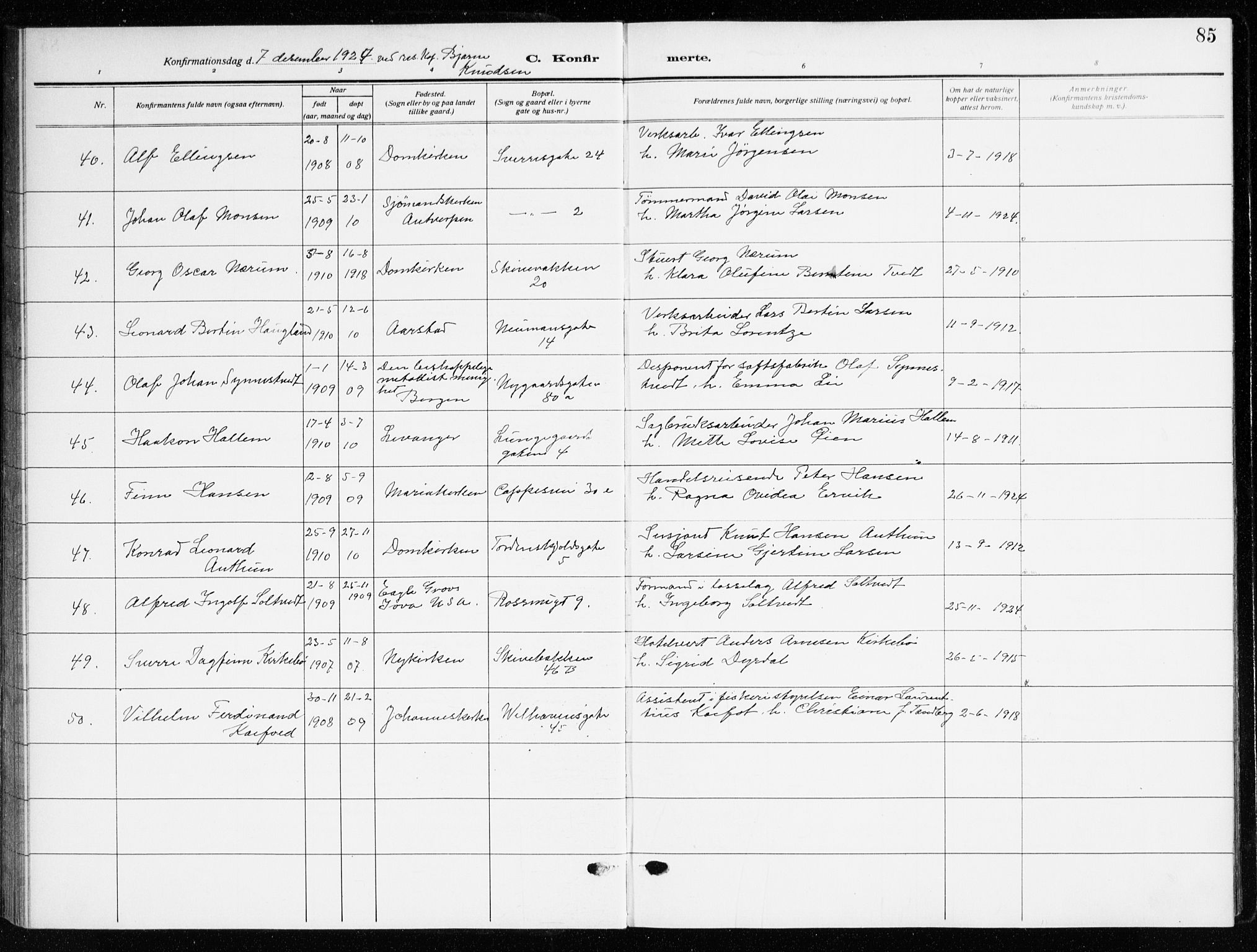 Domkirken sokneprestembete, AV/SAB-A-74801/H/Haa/L0032: Ministerialbok nr. C 7, 1915-1930, s. 85