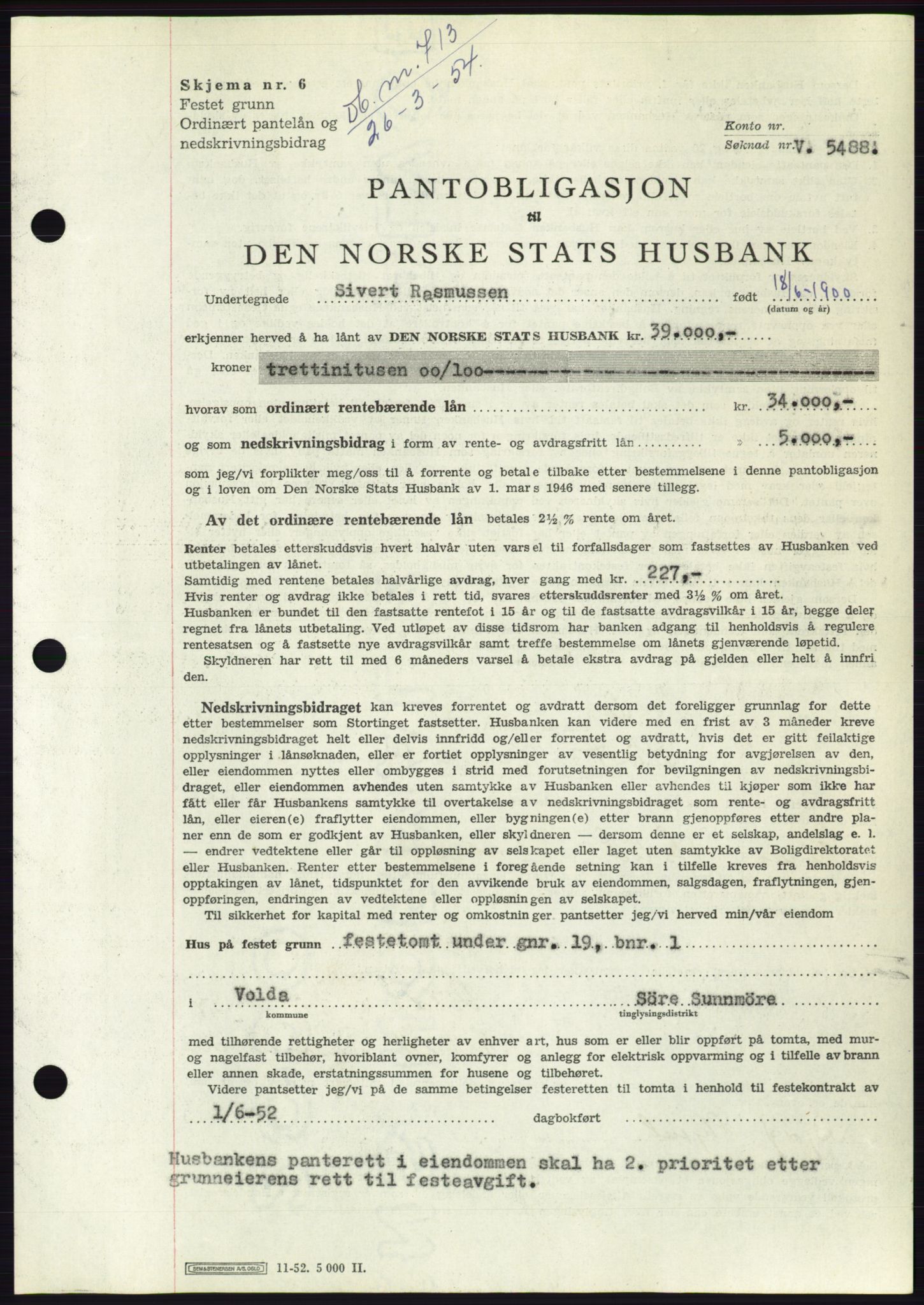 Søre Sunnmøre sorenskriveri, AV/SAT-A-4122/1/2/2C/L0124: Pantebok nr. 12B, 1953-1954, Dagboknr: 713/1954