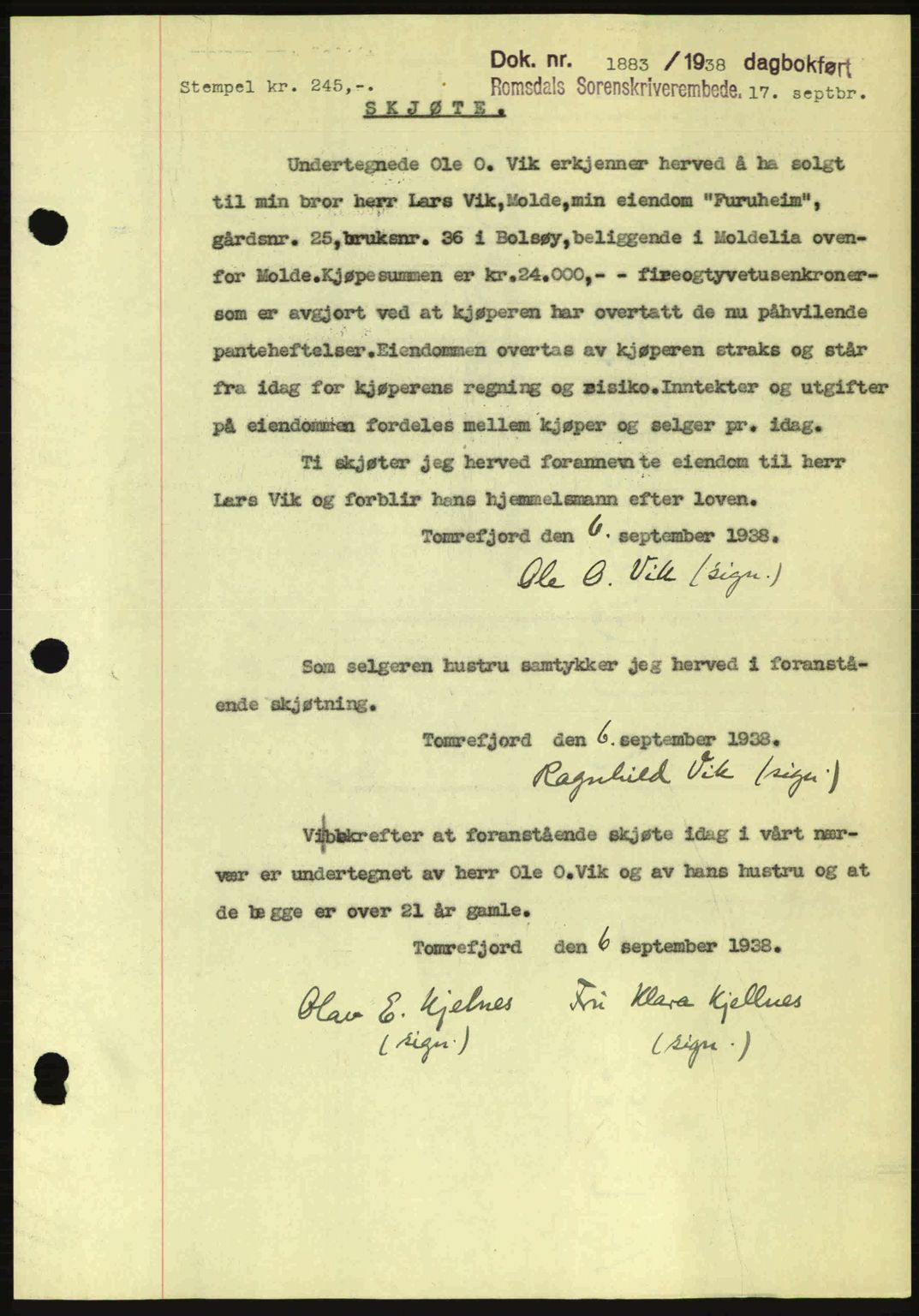 Romsdal sorenskriveri, SAT/A-4149/1/2/2C: Pantebok nr. A5, 1938-1938, Dagboknr: 1883/1938