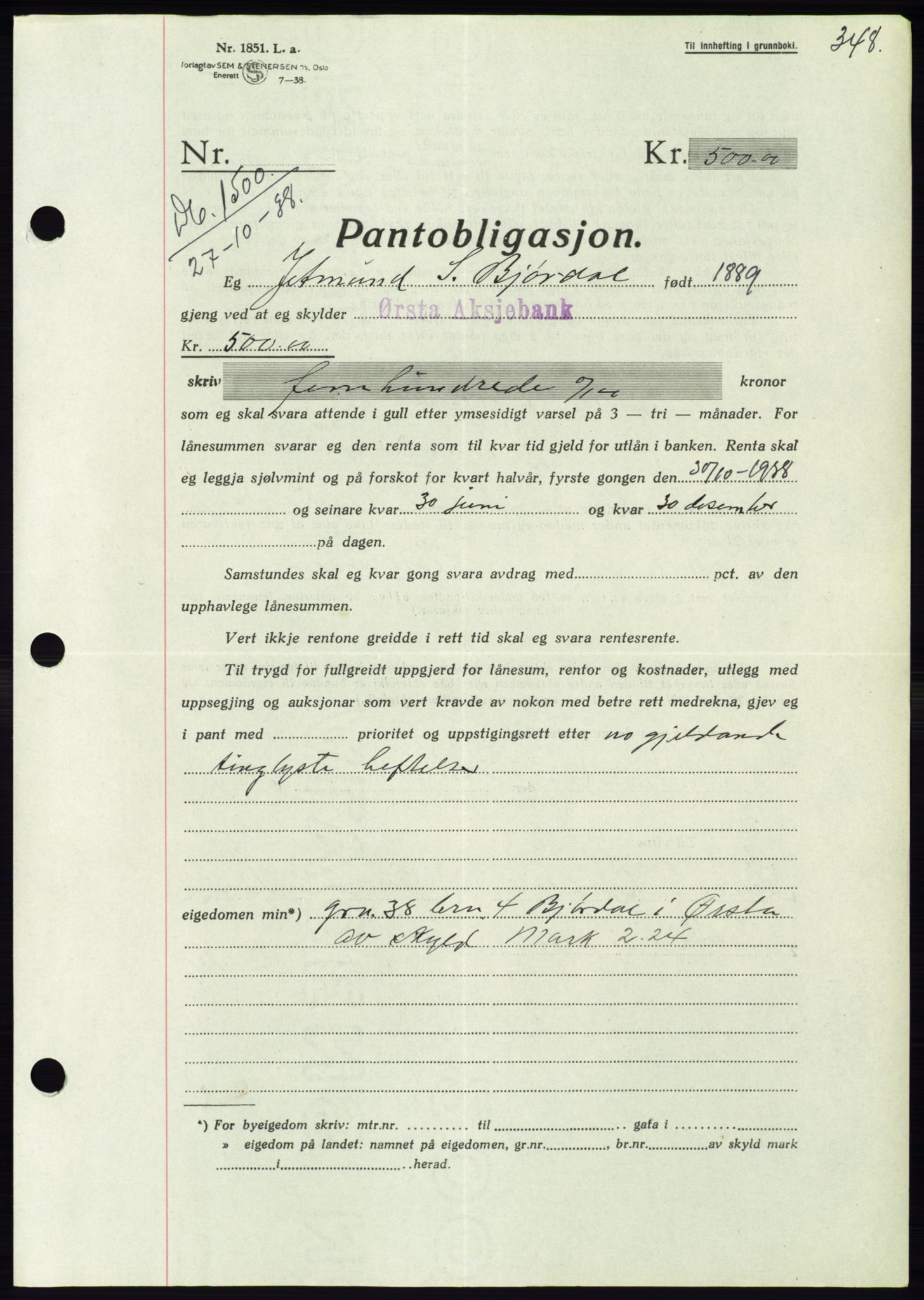 Søre Sunnmøre sorenskriveri, AV/SAT-A-4122/1/2/2C/L0066: Pantebok nr. 60, 1938-1938, Dagboknr: 1500/1938