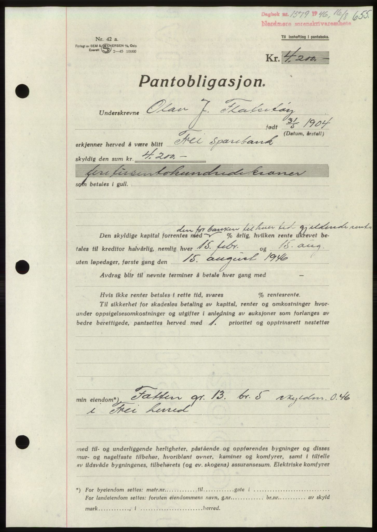 Nordmøre sorenskriveri, AV/SAT-A-4132/1/2/2Ca: Pantebok nr. B94, 1946-1946, Dagboknr: 1579/1946