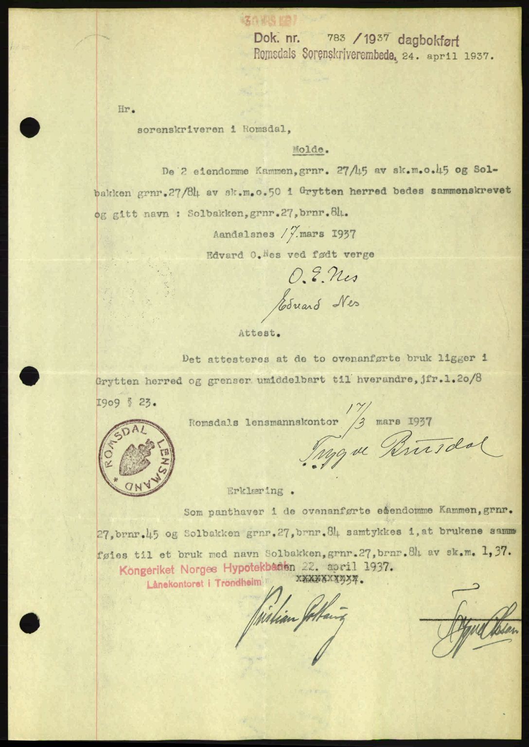 Romsdal sorenskriveri, SAT/A-4149/1/2/2C: Pantebok nr. A3, 1937-1937, Dagboknr: 783/1937
