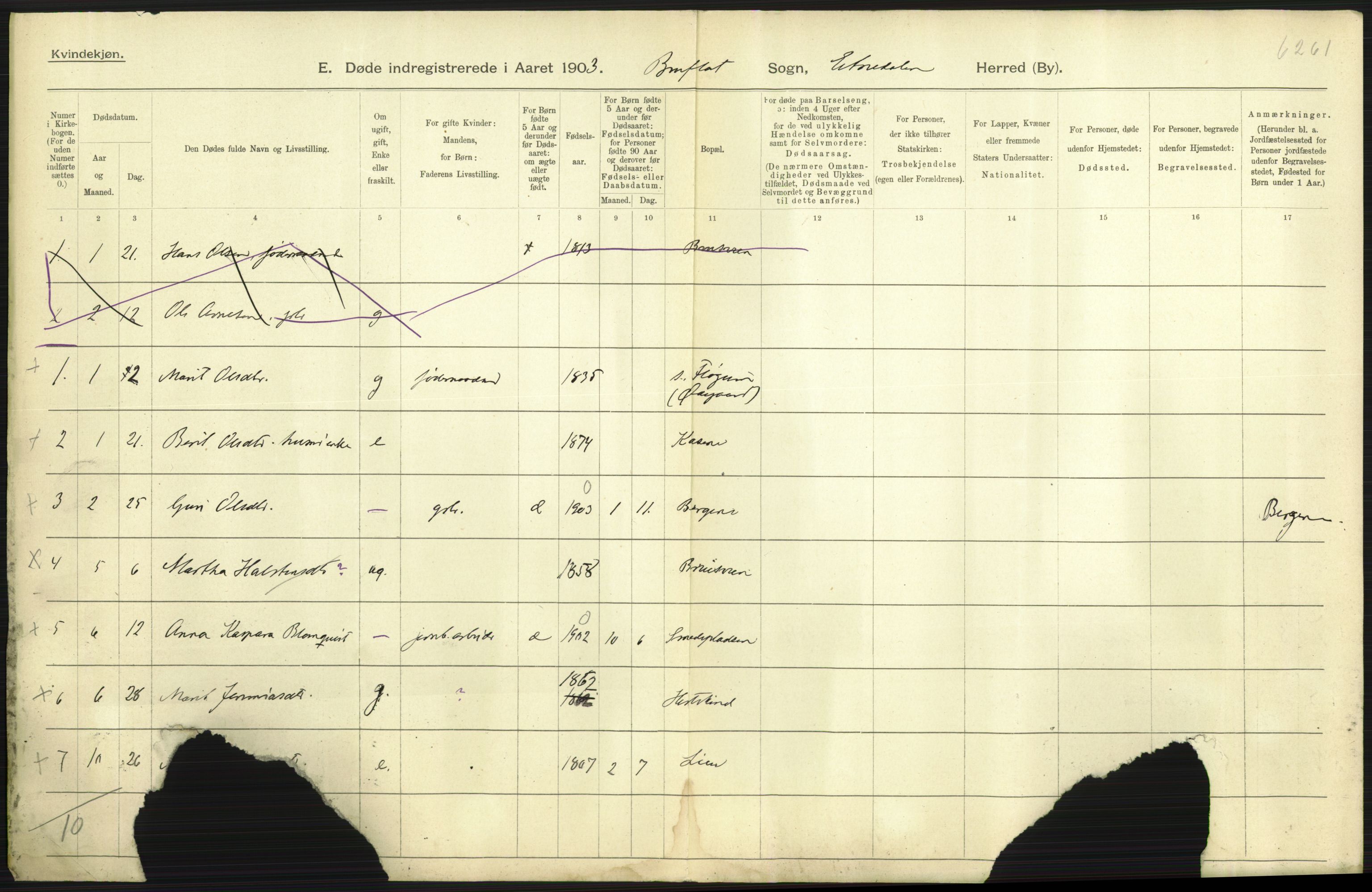 Statistisk sentralbyrå, Sosiodemografiske emner, Befolkning, AV/RA-S-2228/D/Df/Dfa/Dfaa/L0006: Kristians amt: Fødte, gifte, døde, 1903, s. 619