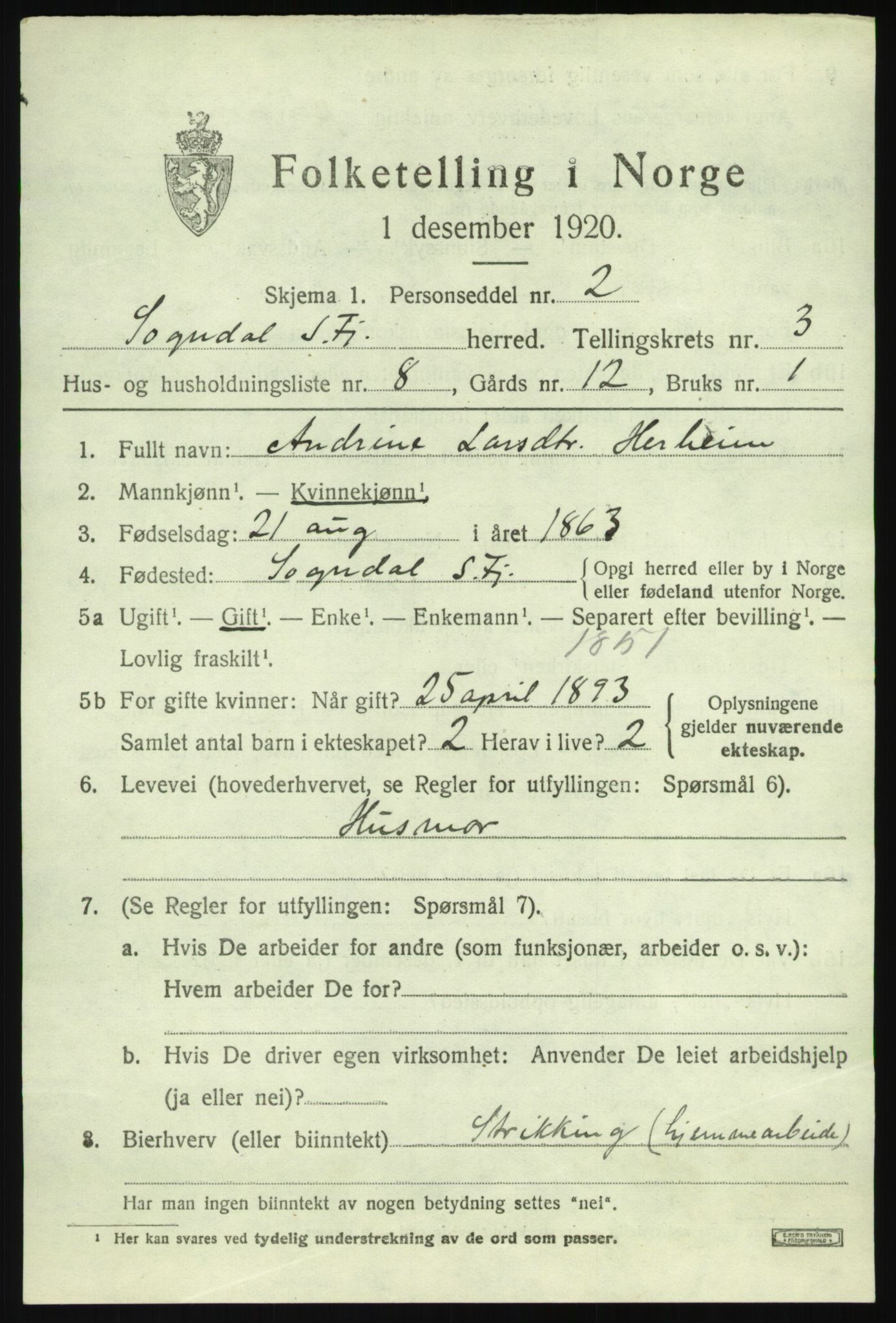 SAB, Folketelling 1920 for 1420 Sogndal herred, 1920, s. 2195