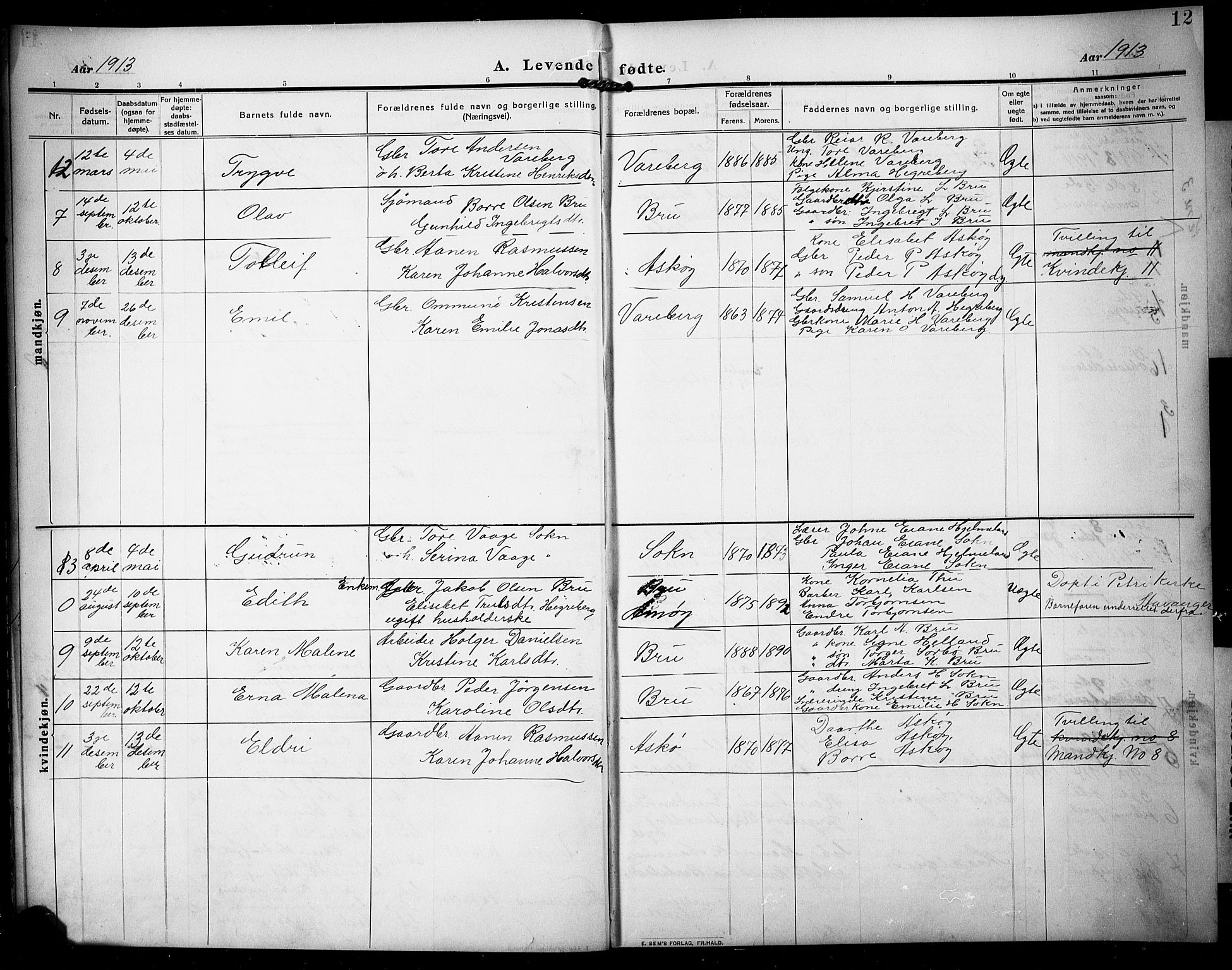 Rennesøy sokneprestkontor, AV/SAST-A -101827/H/Ha/Hab/L0013: Klokkerbok nr. B 12, 1907-1928, s. 12