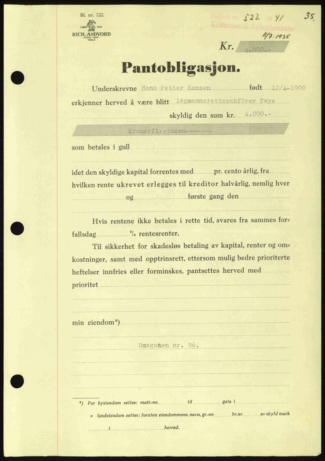 Kristiansund byfogd, AV/SAT-A-4587/A/27: Pantebok nr. 35, 1941-1942, Dagboknr: 522/1941