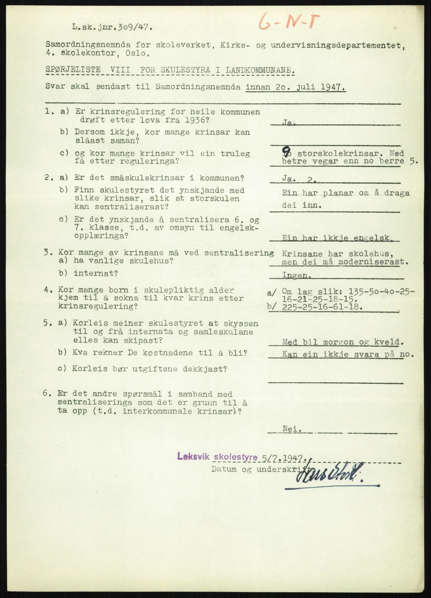 Kirke- og undervisningsdepartementet, Samordningsnemnda for skoleverket, AV/RA-S-1146/D/L0008: Svar på spørreskjema fra kommuner i Nord-Trøndelag, Nordland, Troms og Finnmark, 1947, s. 311