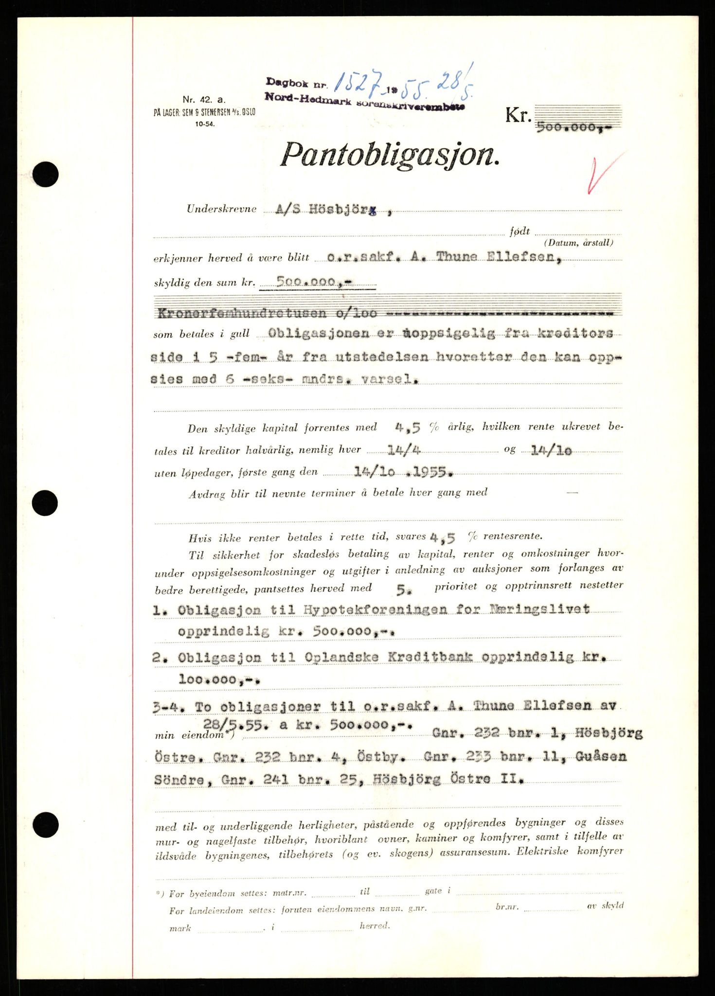 Nord-Hedmark sorenskriveri, SAH/TING-012/H/Hb/Hbf/L0032: Pantebok nr. B32, 1955-1955, Dagboknr: 1527/1952