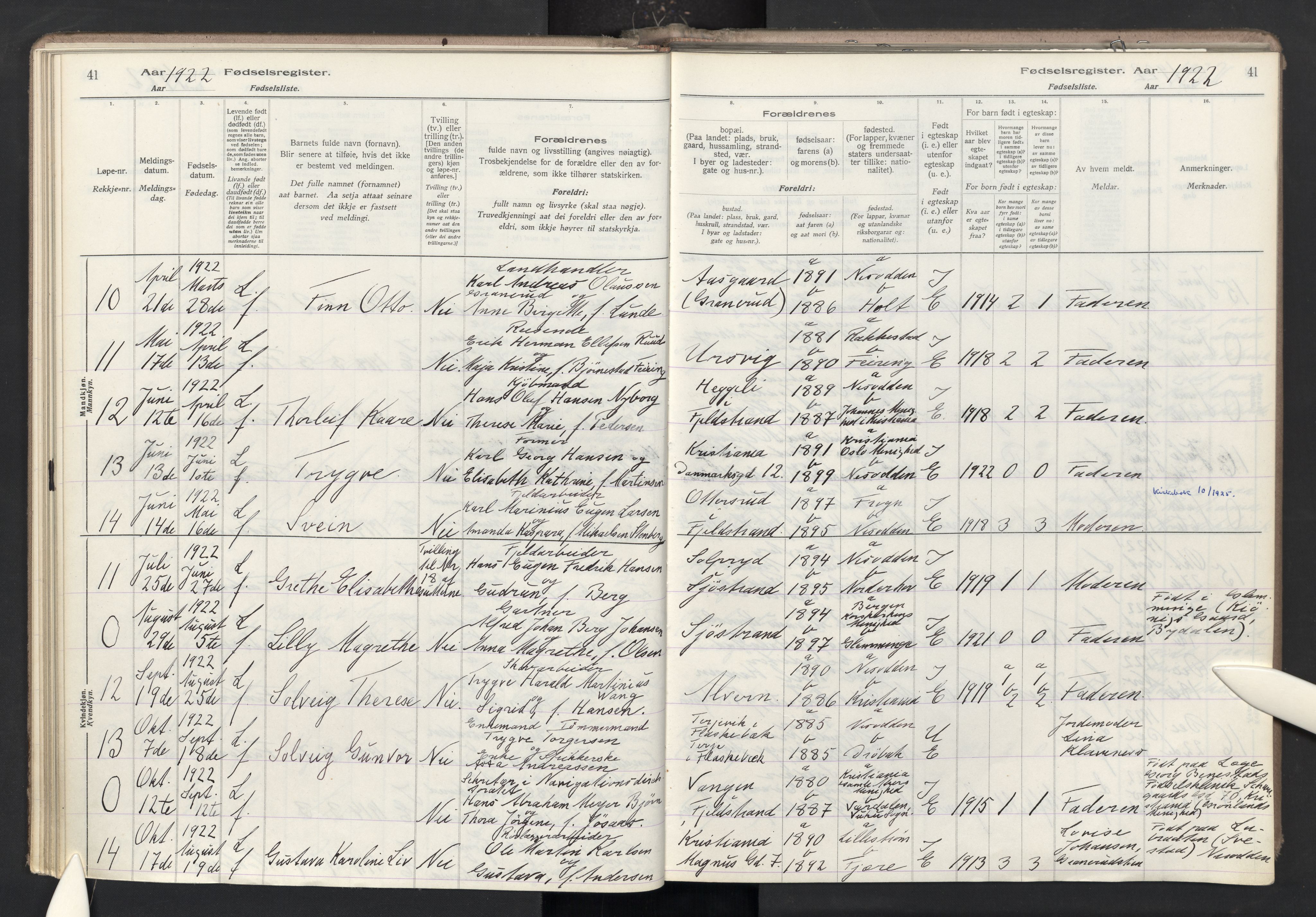 Nesodden prestekontor Kirkebøker, AV/SAO-A-10013/J/Ja/L0001: Fødselsregister nr. I 1, 1916-1946, s. 41