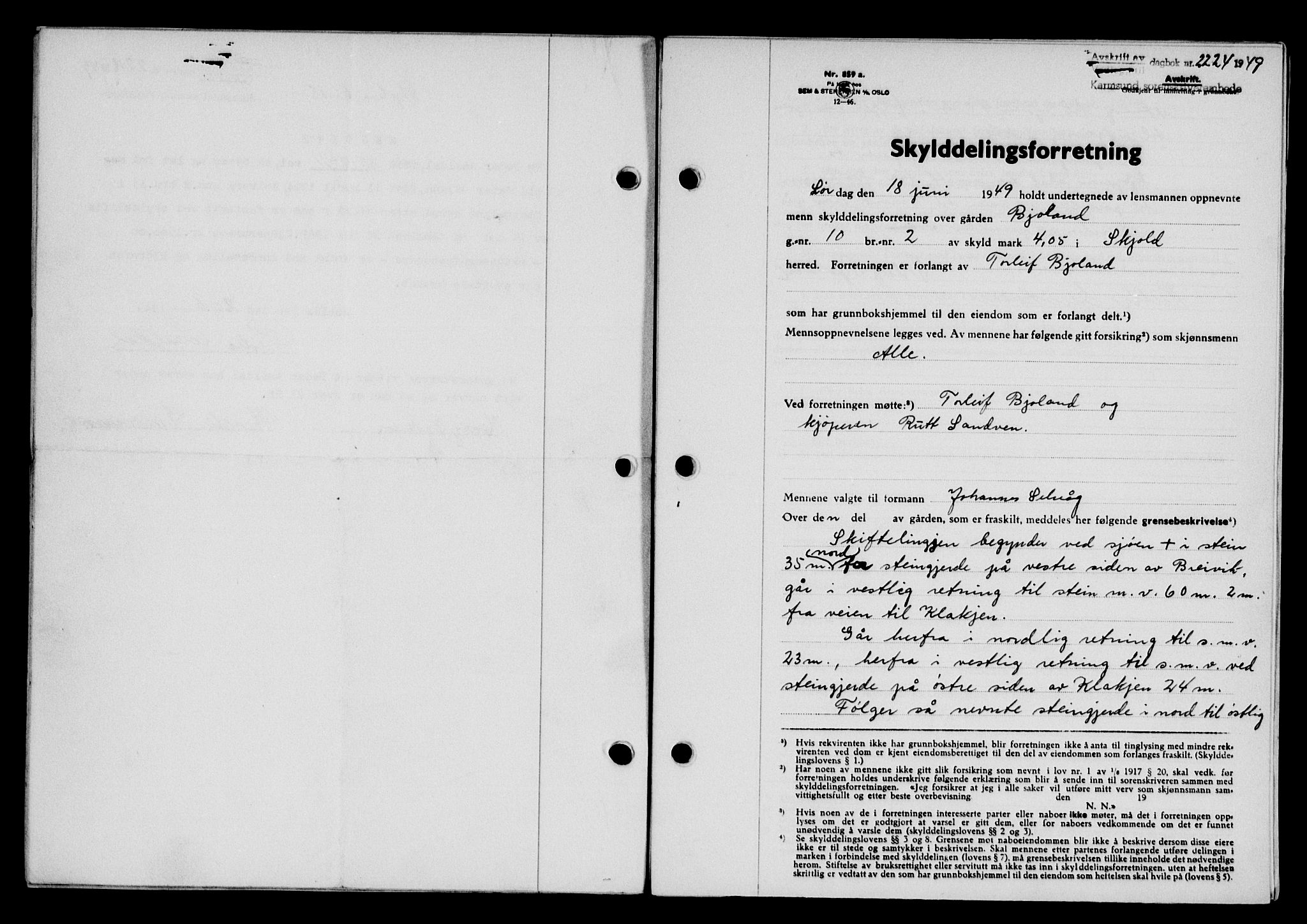 Karmsund sorenskriveri, SAST/A-100311/01/II/IIB/L0097: Pantebok nr. 77A, 1949-1949, Dagboknr: 2224/1949
