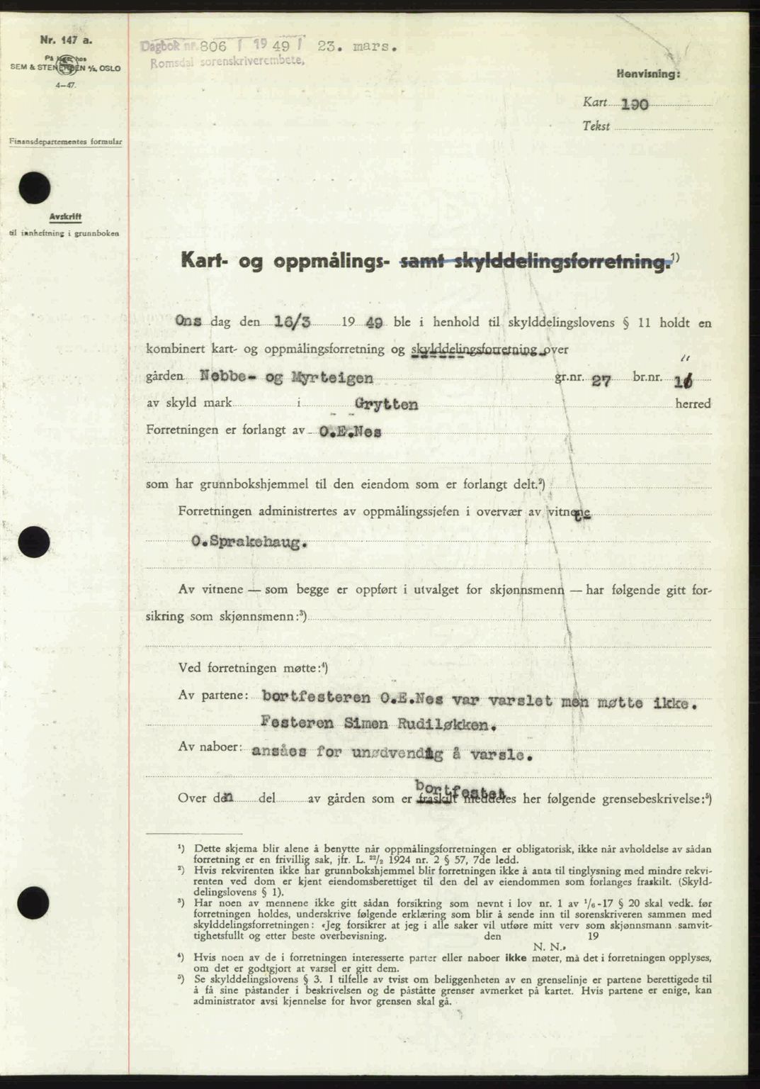 Romsdal sorenskriveri, SAT/A-4149/1/2/2C: Pantebok nr. A29, 1949-1949, Dagboknr: 806/1949