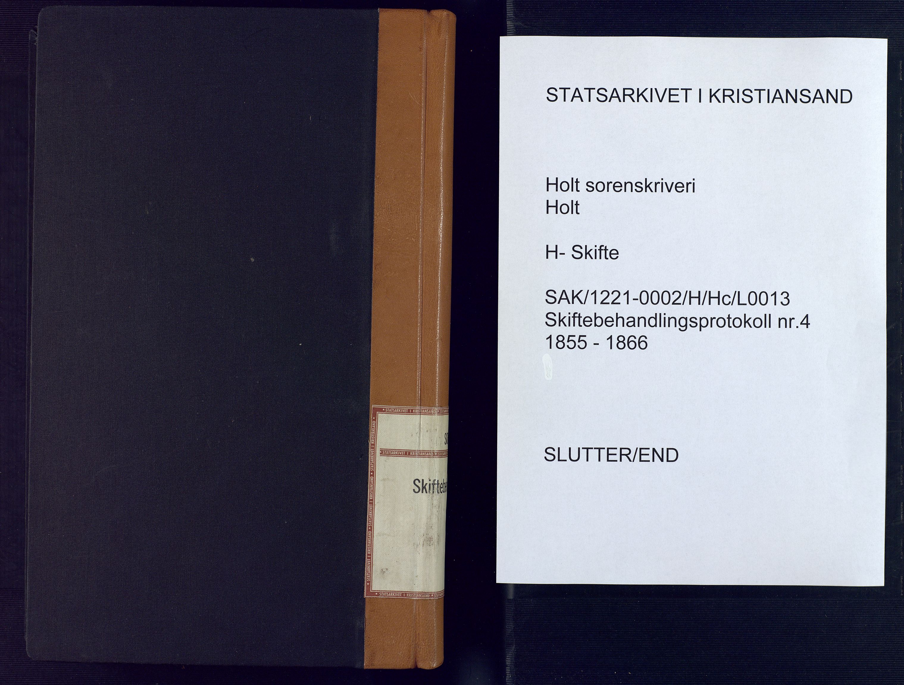 Holt sorenskriveri, AV/SAK-1221-0002/H/Hc/L0013: Skiftebehandlingsprotokoll nr. 4, 1855-1866