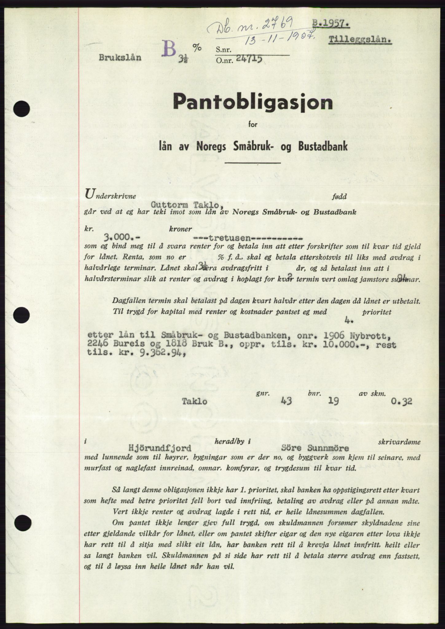 Søre Sunnmøre sorenskriveri, AV/SAT-A-4122/1/2/2C/L0130: Pantebok nr. 18B, 1957-1958, Dagboknr: 2769/1957