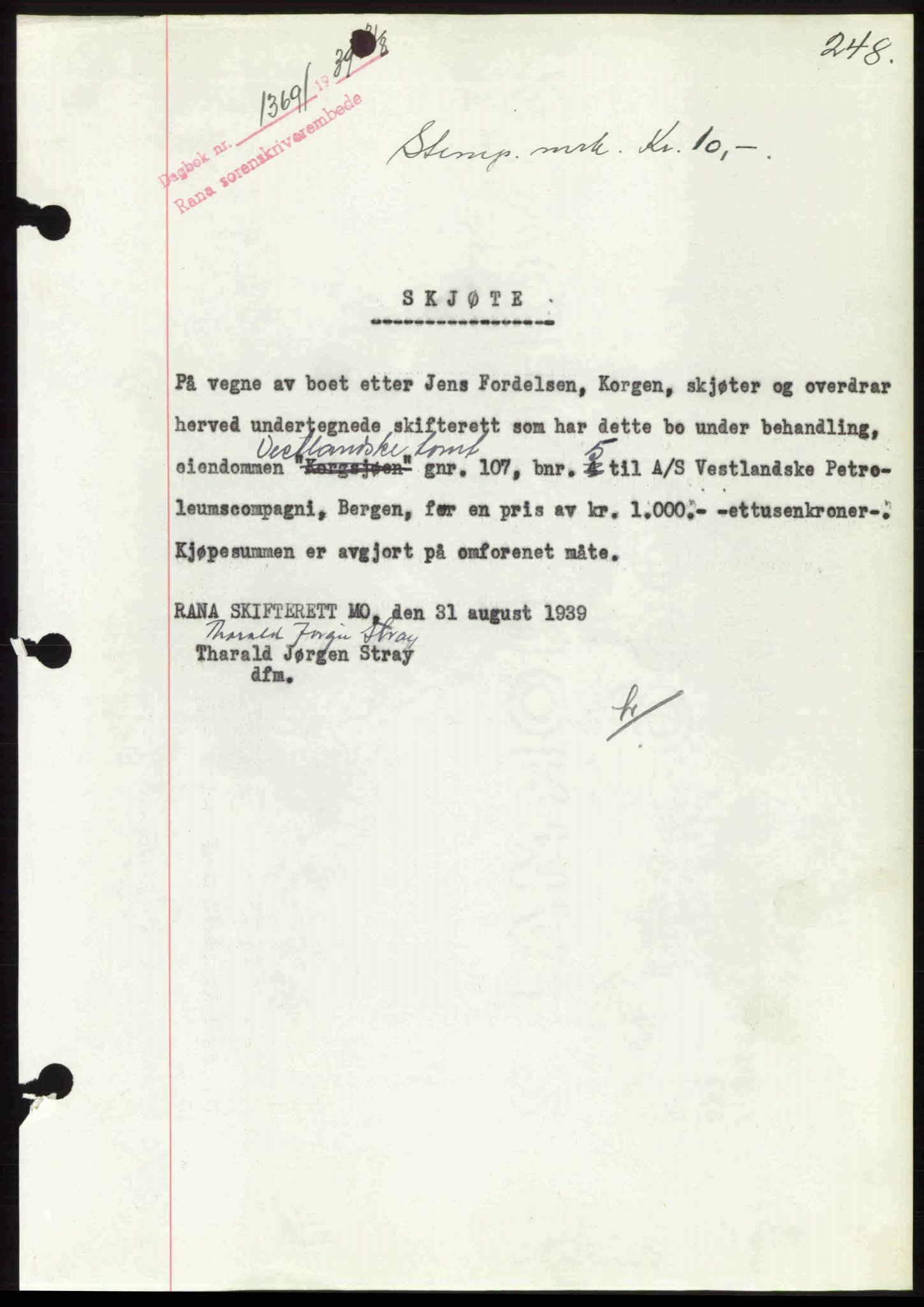 Rana sorenskriveri , SAT/A-1108/1/2/2C: Pantebok nr. A 6, 1939-1940, Dagboknr: 1369/1939