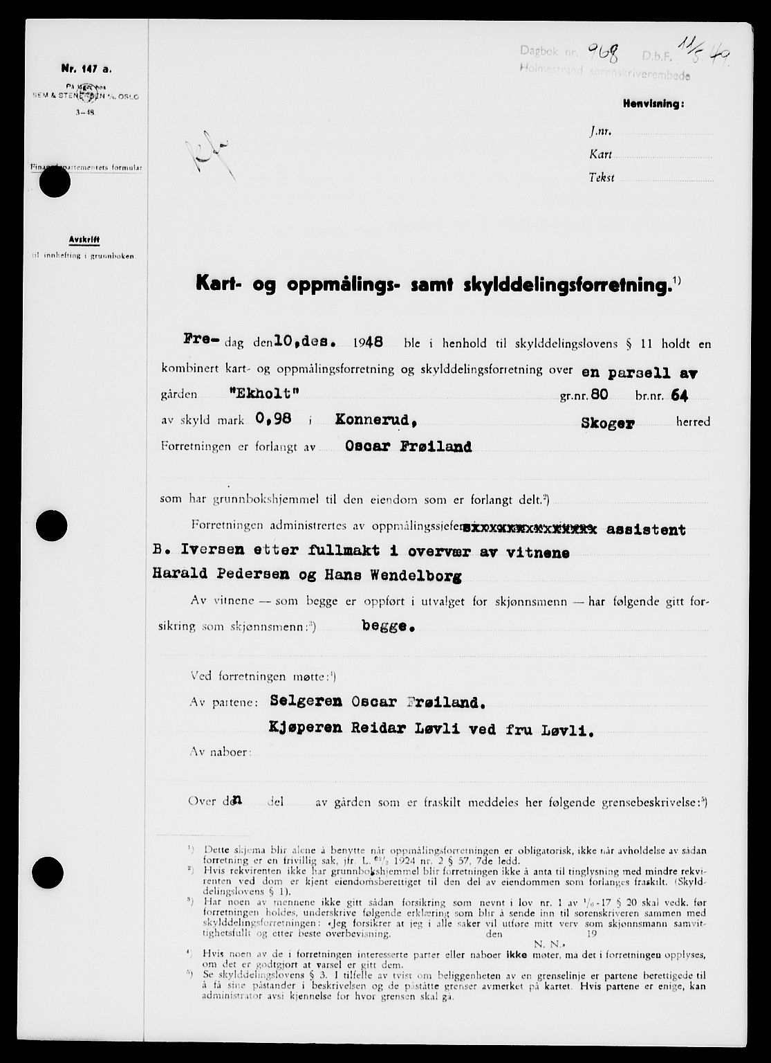 Holmestrand sorenskriveri, SAKO/A-67/G/Ga/Gaa/L0066: Pantebok nr. A-66, 1949-1949, Dagboknr: 968/1949