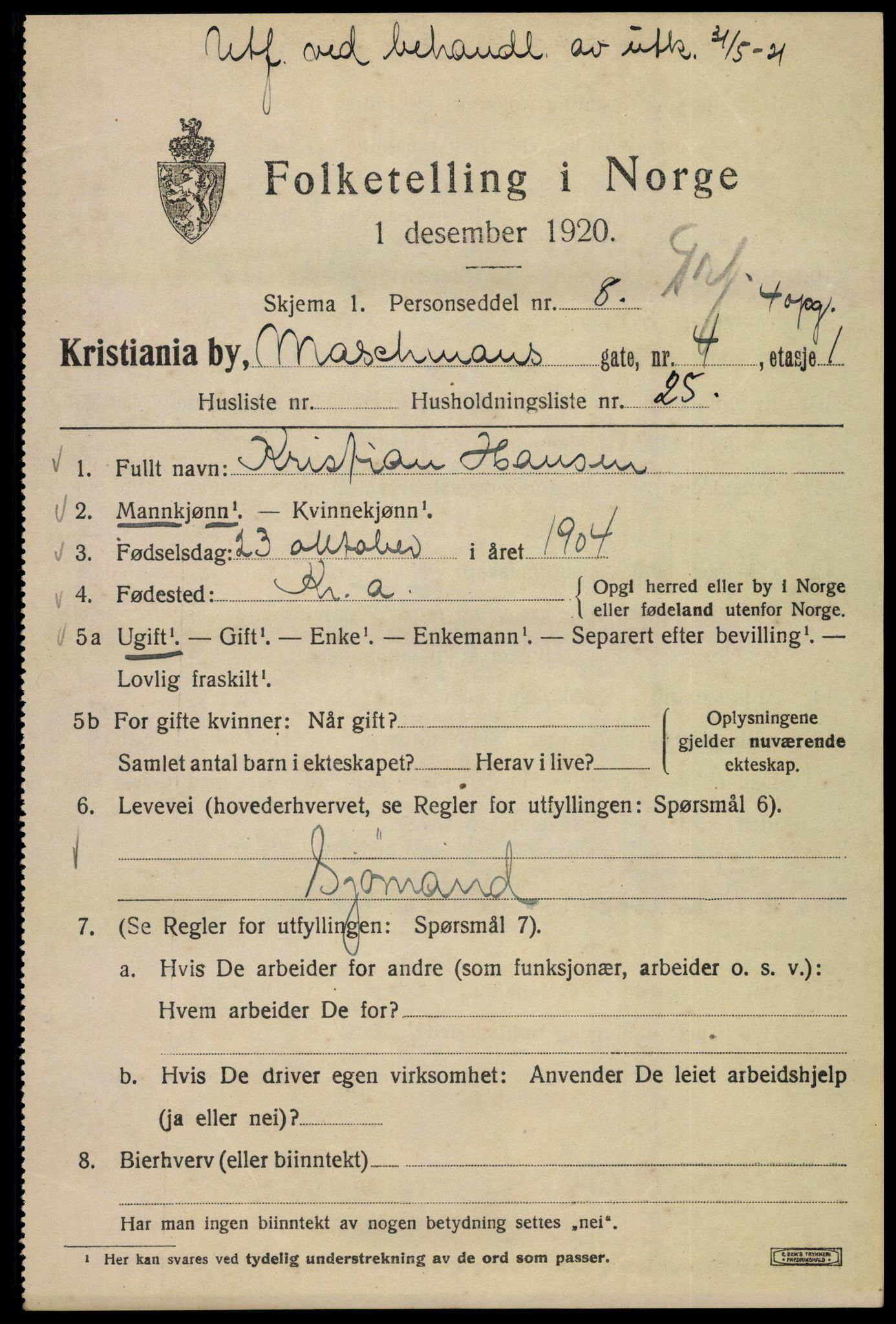 SAO, Folketelling 1920 for 0301 Kristiania kjøpstad, 1920, s. 392697
