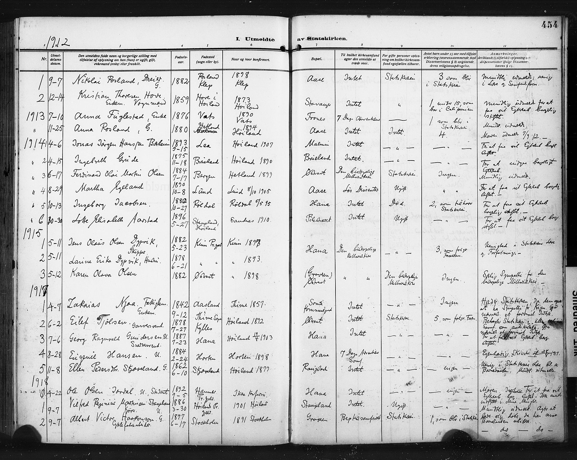 Høyland sokneprestkontor, AV/SAST-A-101799/001/30BA/L0017: Ministerialbok nr. A 15, 1912-1924, s. 454