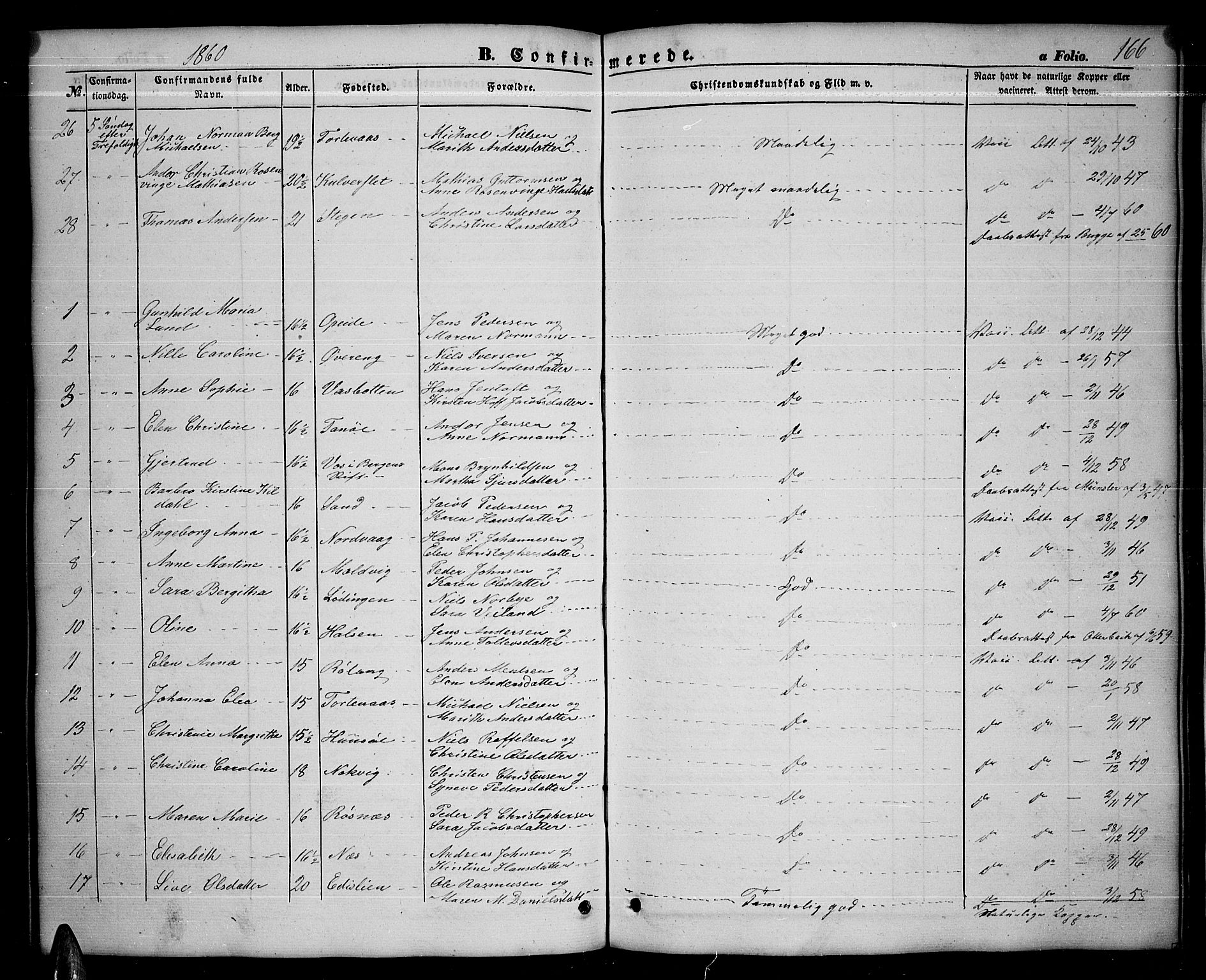 Ministerialprotokoller, klokkerbøker og fødselsregistre - Nordland, AV/SAT-A-1459/859/L0857: Klokkerbok nr. 859C03, 1854-1873, s. 166