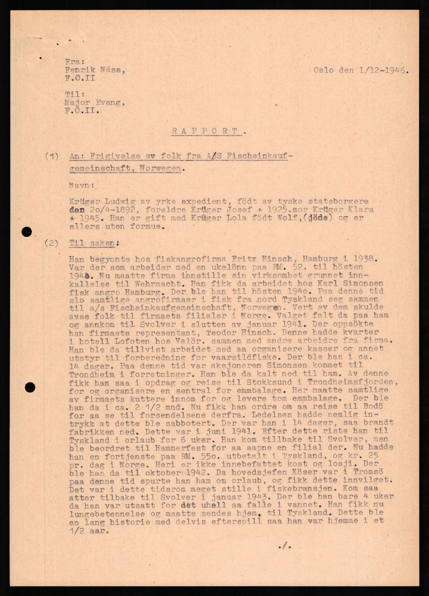 Forsvaret, Forsvarets overkommando II, RA/RAFA-3915/D/Db/L0021: CI Questionaires. Tyske okkupasjonsstyrker i Norge. Tyskere., 1945-1946, s. 167